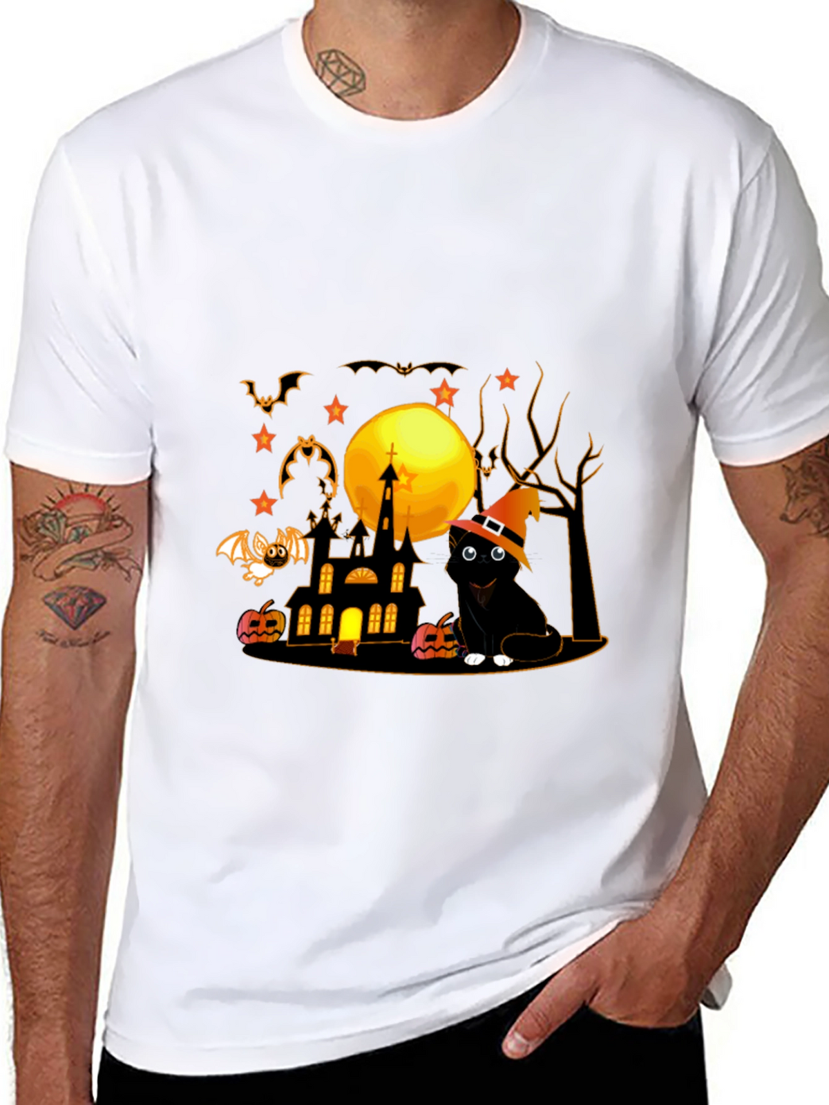 Halloween Cat & Haunted House Graphic Tee