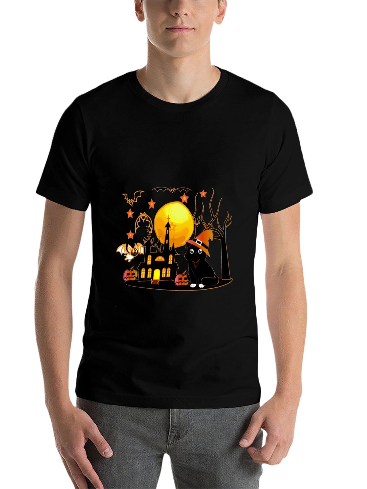Halloween Cat & Haunted House Graphic Tee