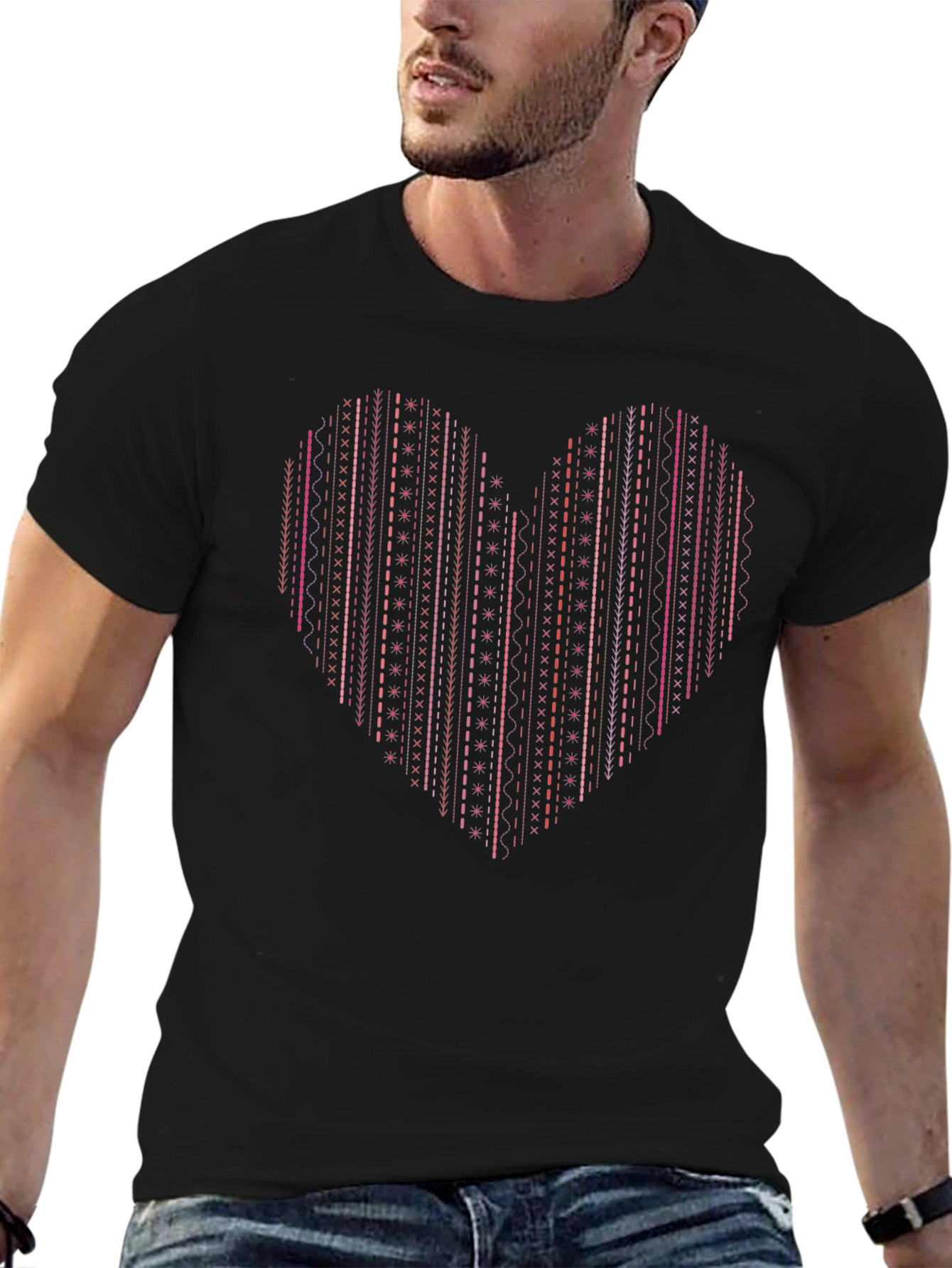 Heart Stitch Print Black T-Shirt