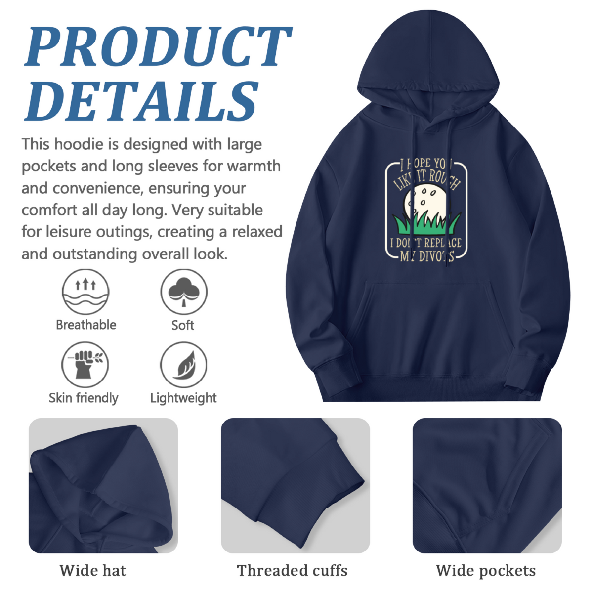 I Hope You Like It Rough Golf Funny Text Navy Hoodie, Golfer Soft Casual Sweatshirt