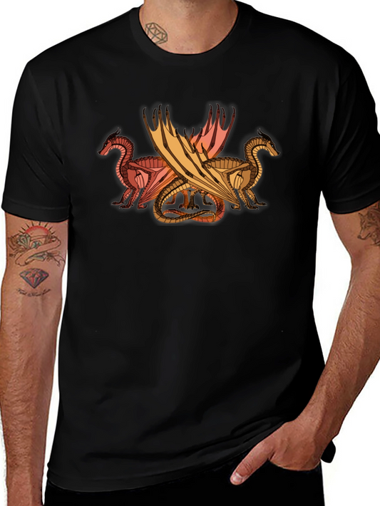 Dragon Trio Graphic Tee - Black Cotton T-Shirt