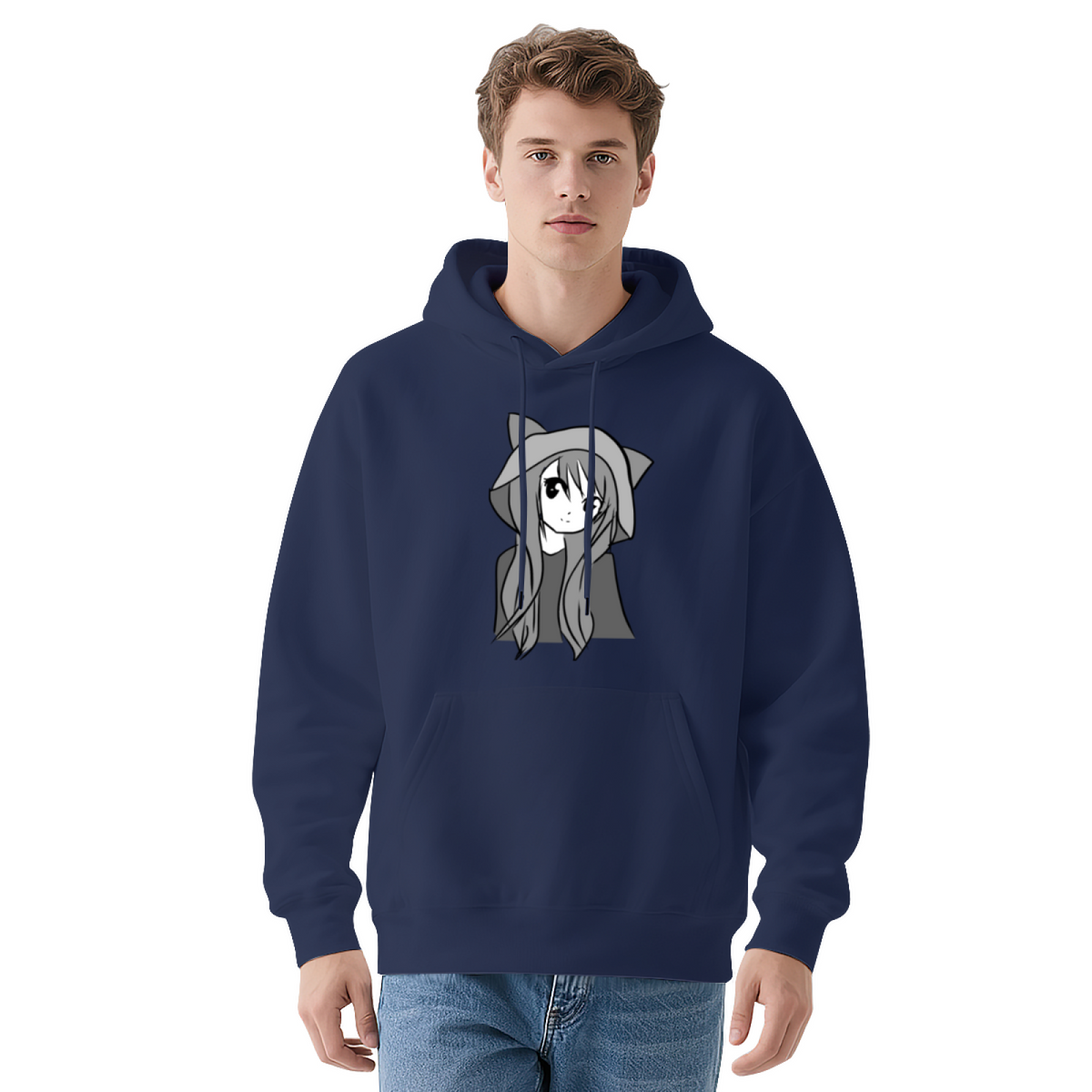 Cute Anime Cat Girl Graphic Black Hoodie, Unisex Soft Kawaii Casual Hooded Top