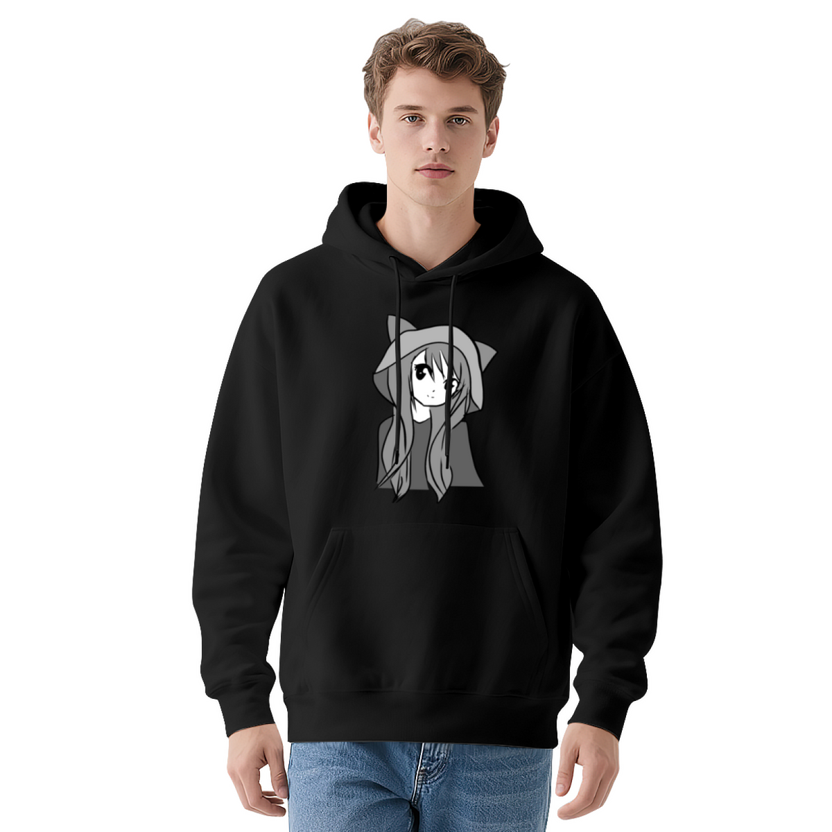 Cute Anime Cat Girl Graphic Black Hoodie, Unisex Soft Kawaii Casual Hooded Top