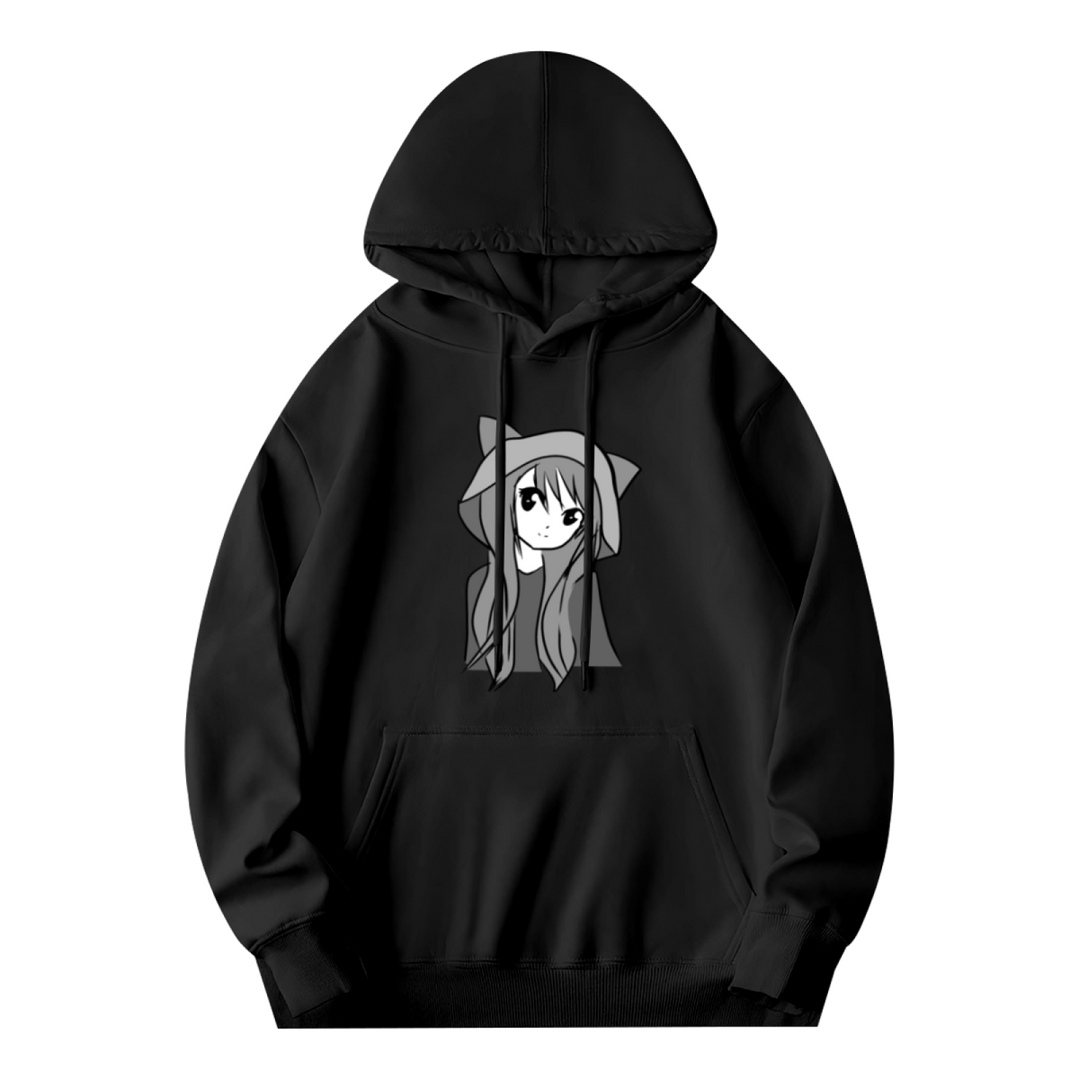 Cute Anime Cat Girl Graphic Black Hoodie, Unisex Soft Kawaii Casual Hooded Top