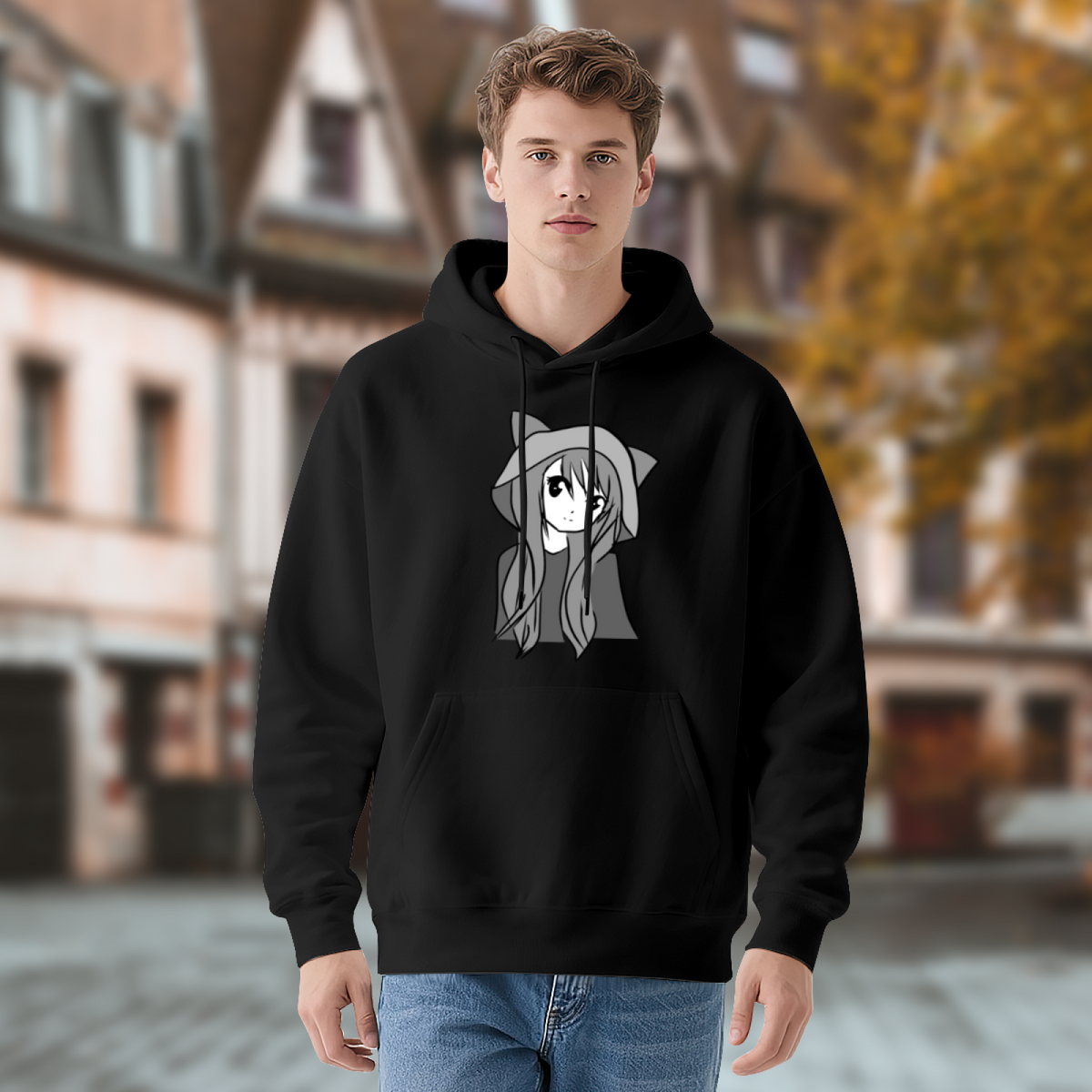Cute Anime Cat Girl Graphic Black Hoodie, Unisex Soft Kawaii Casual Hooded Top