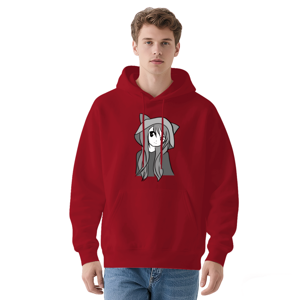 Cute Anime Cat Girl Graphic Black Hoodie, Unisex Soft Kawaii Casual Hooded Top