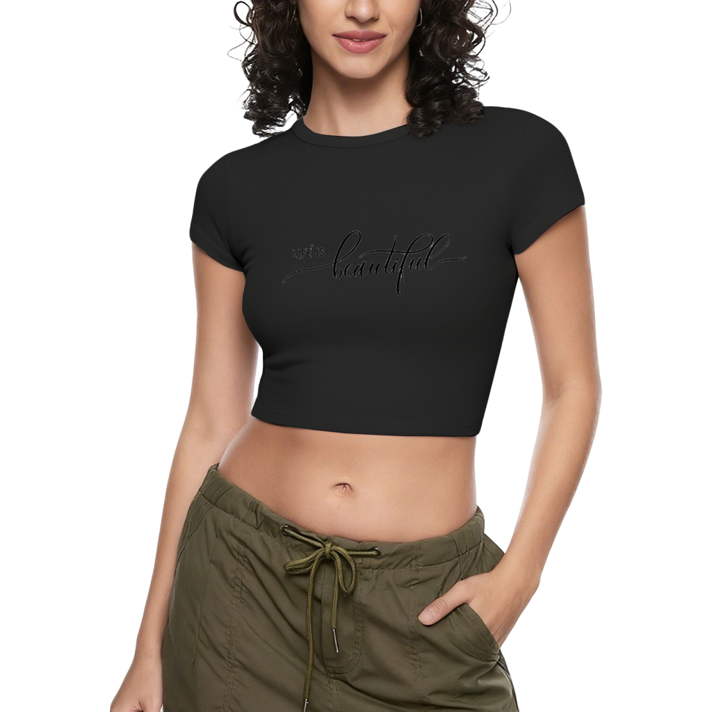 Elegant Cursive Life Is Beautiful Grey Crop Top ¨C Soft Positive Vibe Tee 15.
