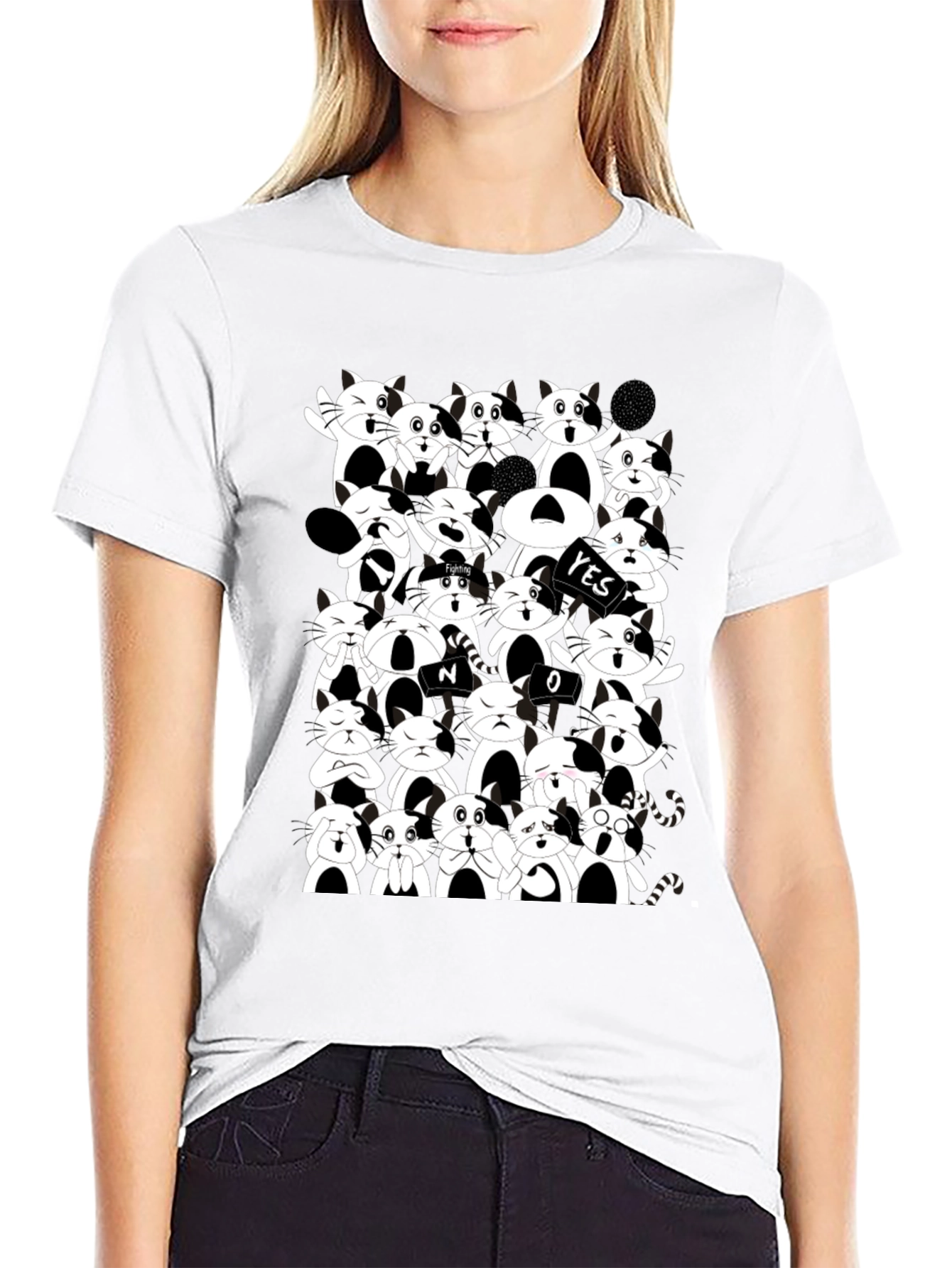 Cartoon Cat Pile Up Black T-Shirt