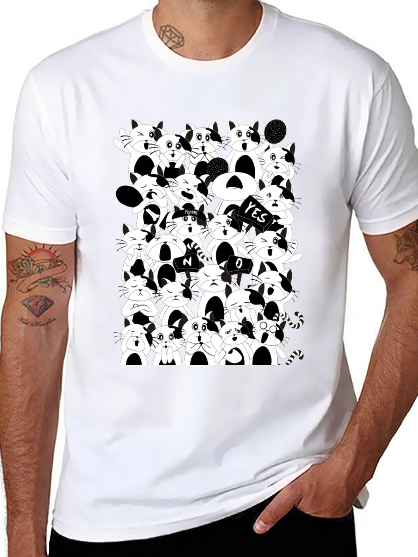 Cartoon Cat Pile Up Black T-Shirt