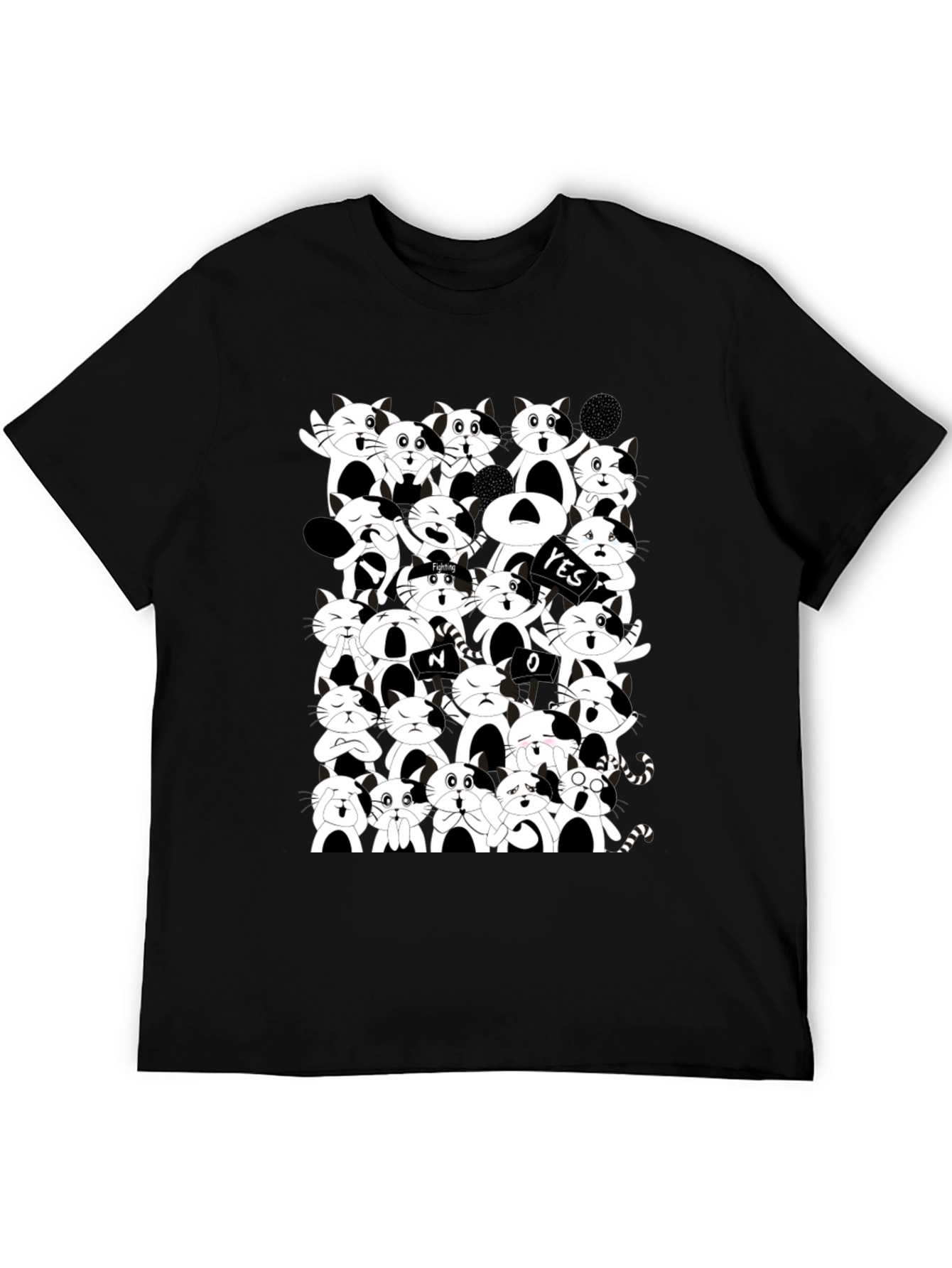 Cartoon Cat Pile Up Black T-Shirt