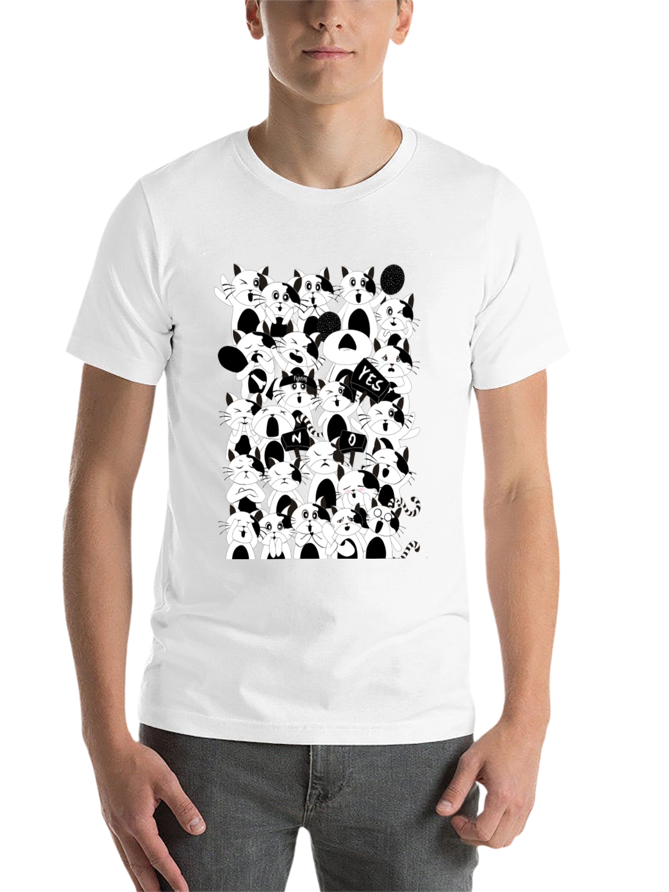 Cartoon Cat Pile Up Black T-Shirt