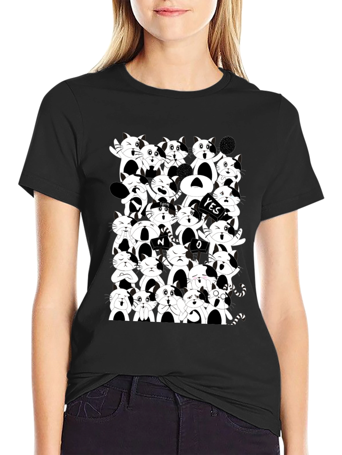 Cartoon Cat Pile Up Black T-Shirt