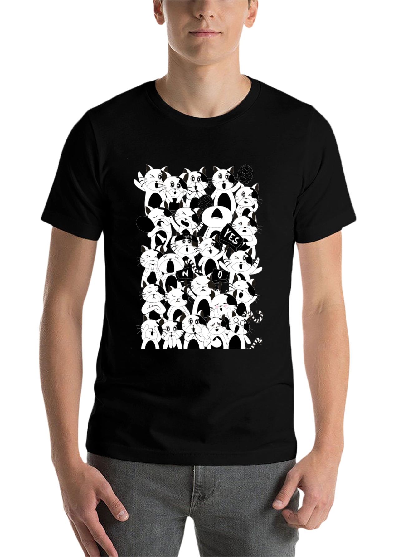 Cartoon Cat Pile Up Black T-Shirt