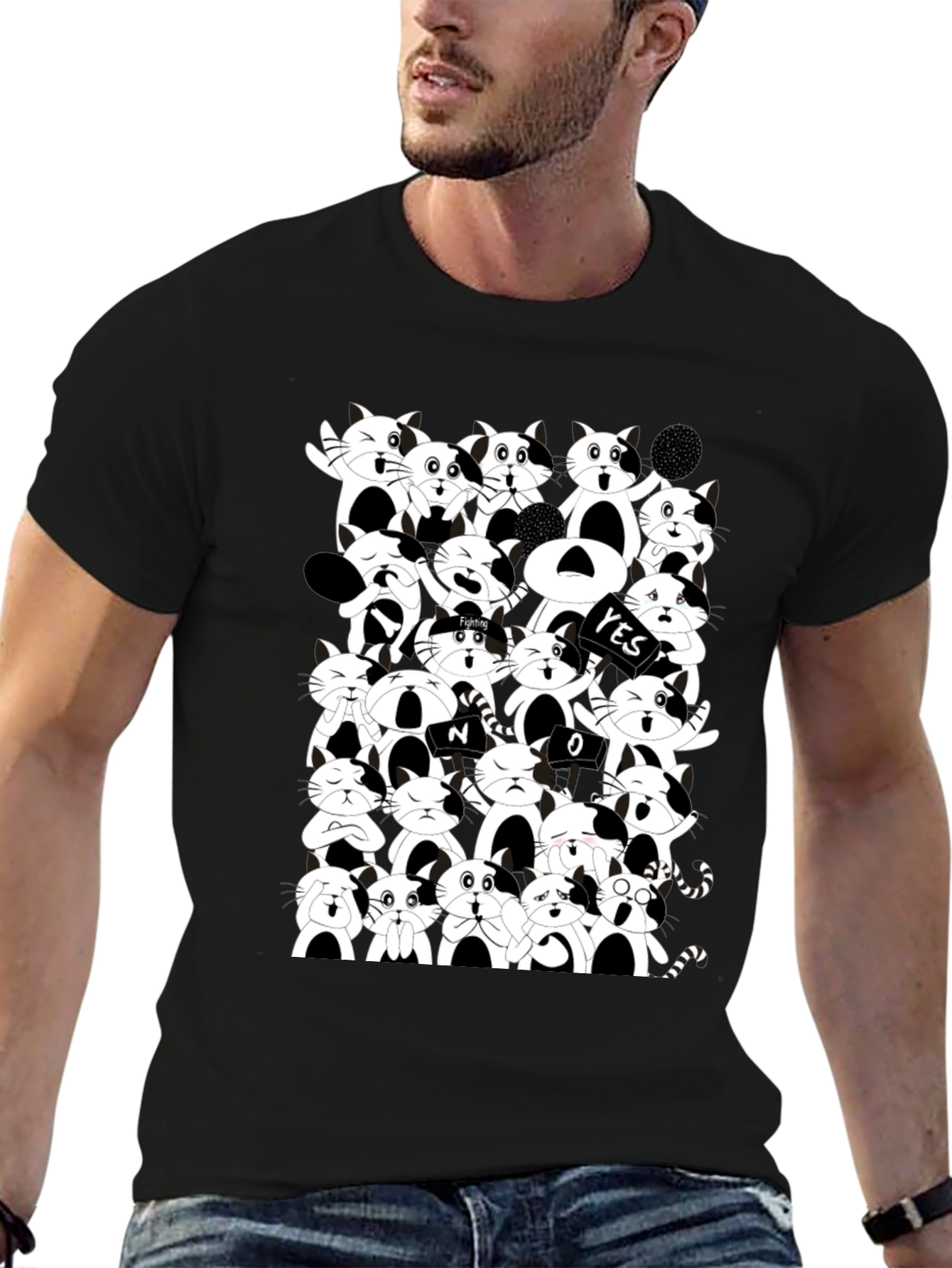 Cartoon Cat Pile Up Black T-Shirt