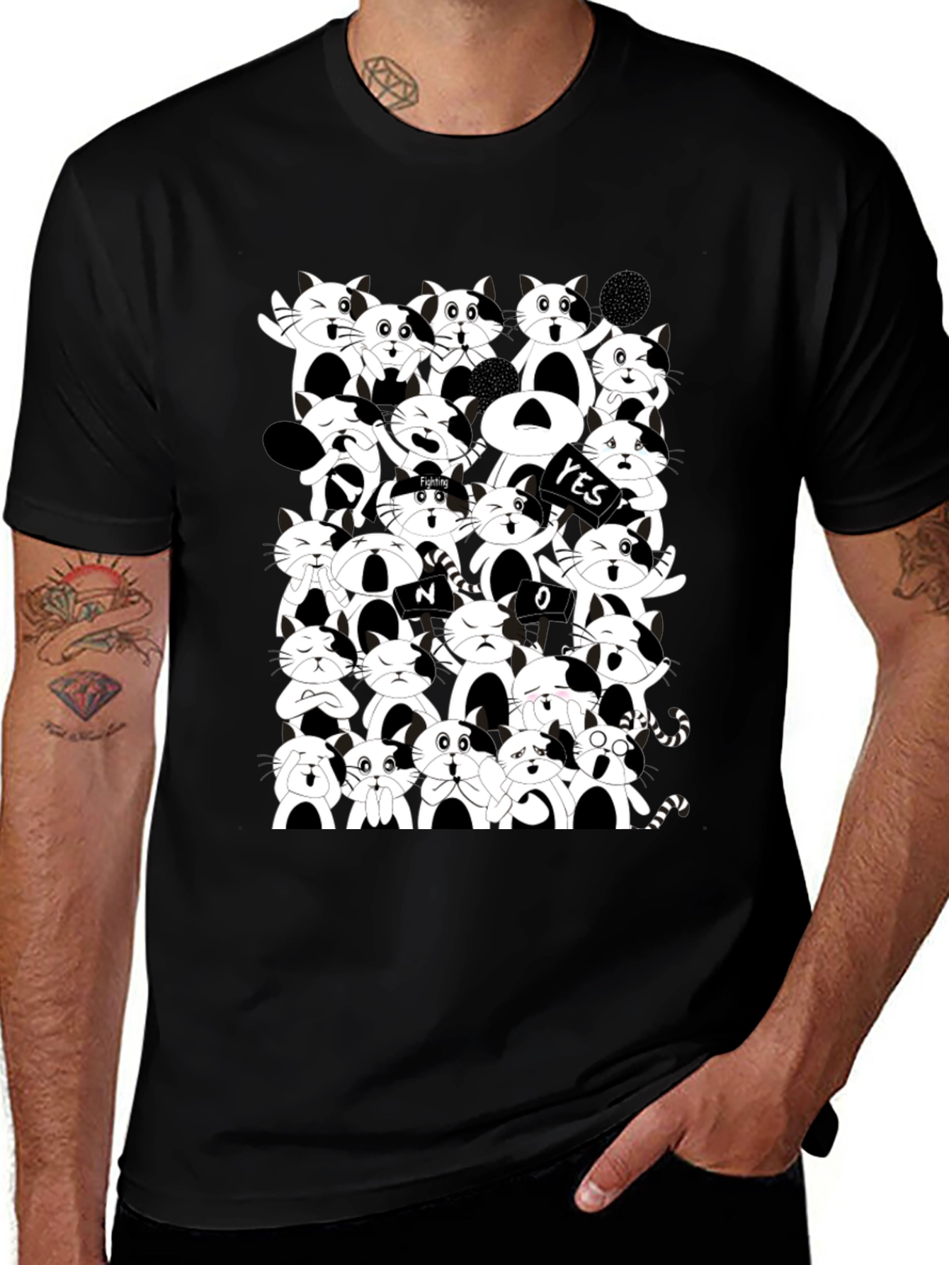 Cartoon Cat Pile Up Black T-Shirt