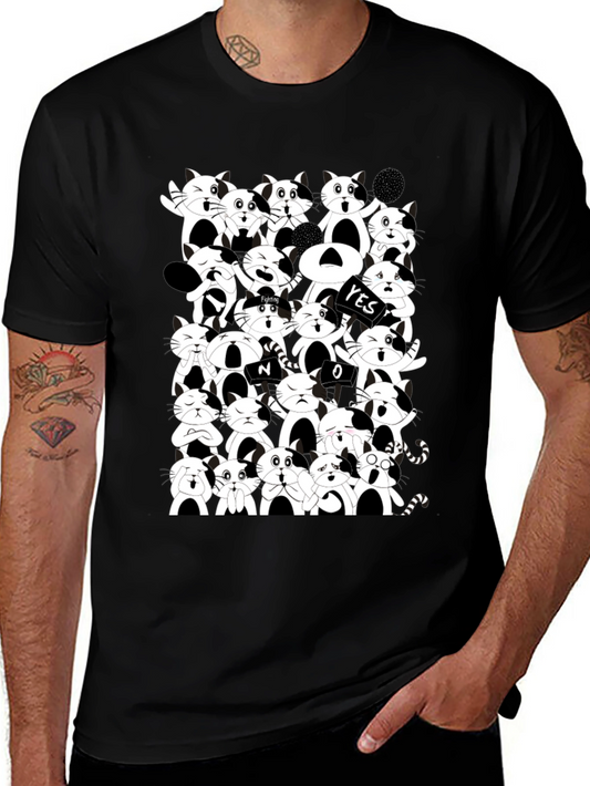 Cartoon Cat Pile Up Black T-Shirt