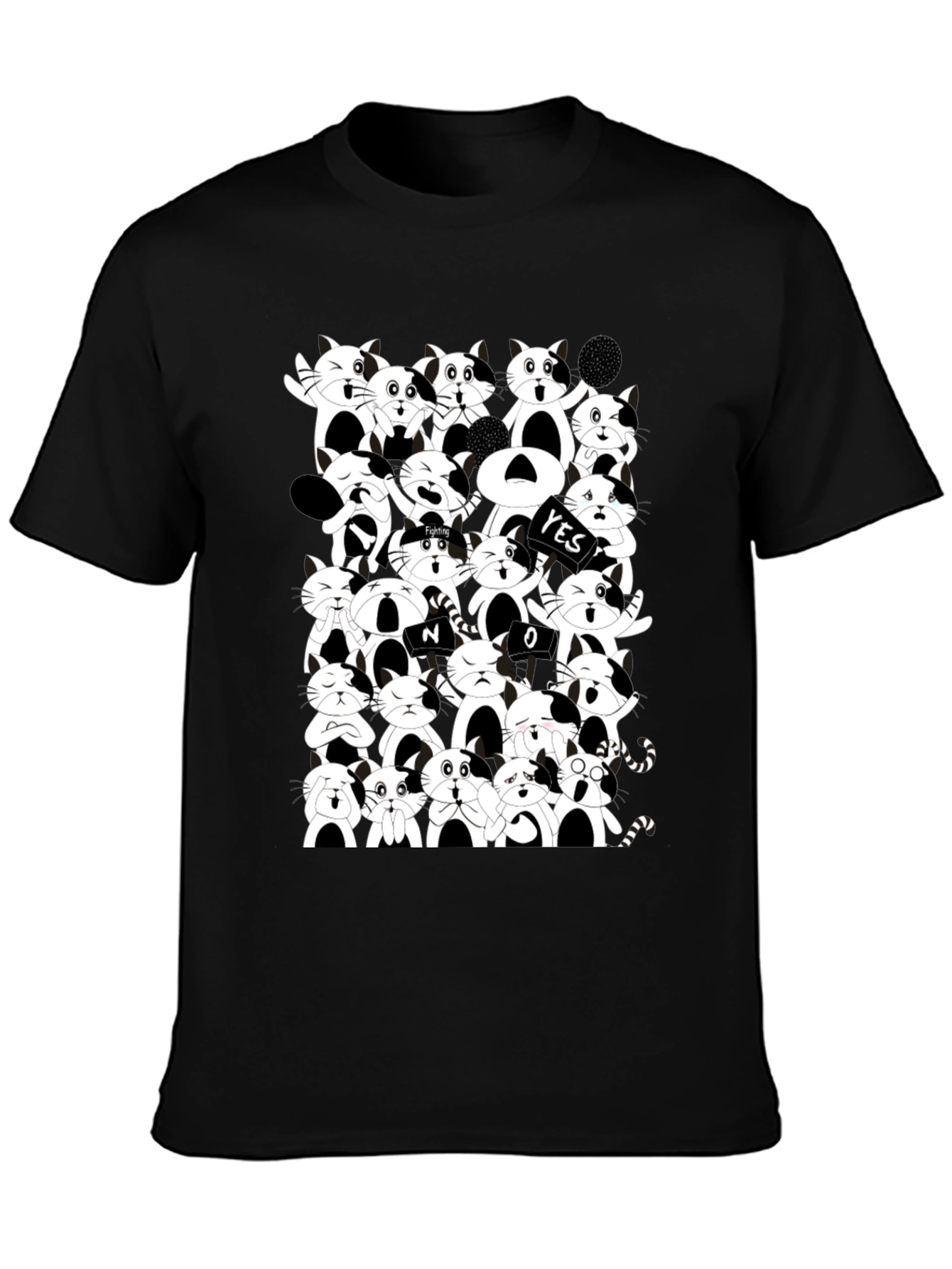 Cartoon Cat Pile Up Black T-Shirt
