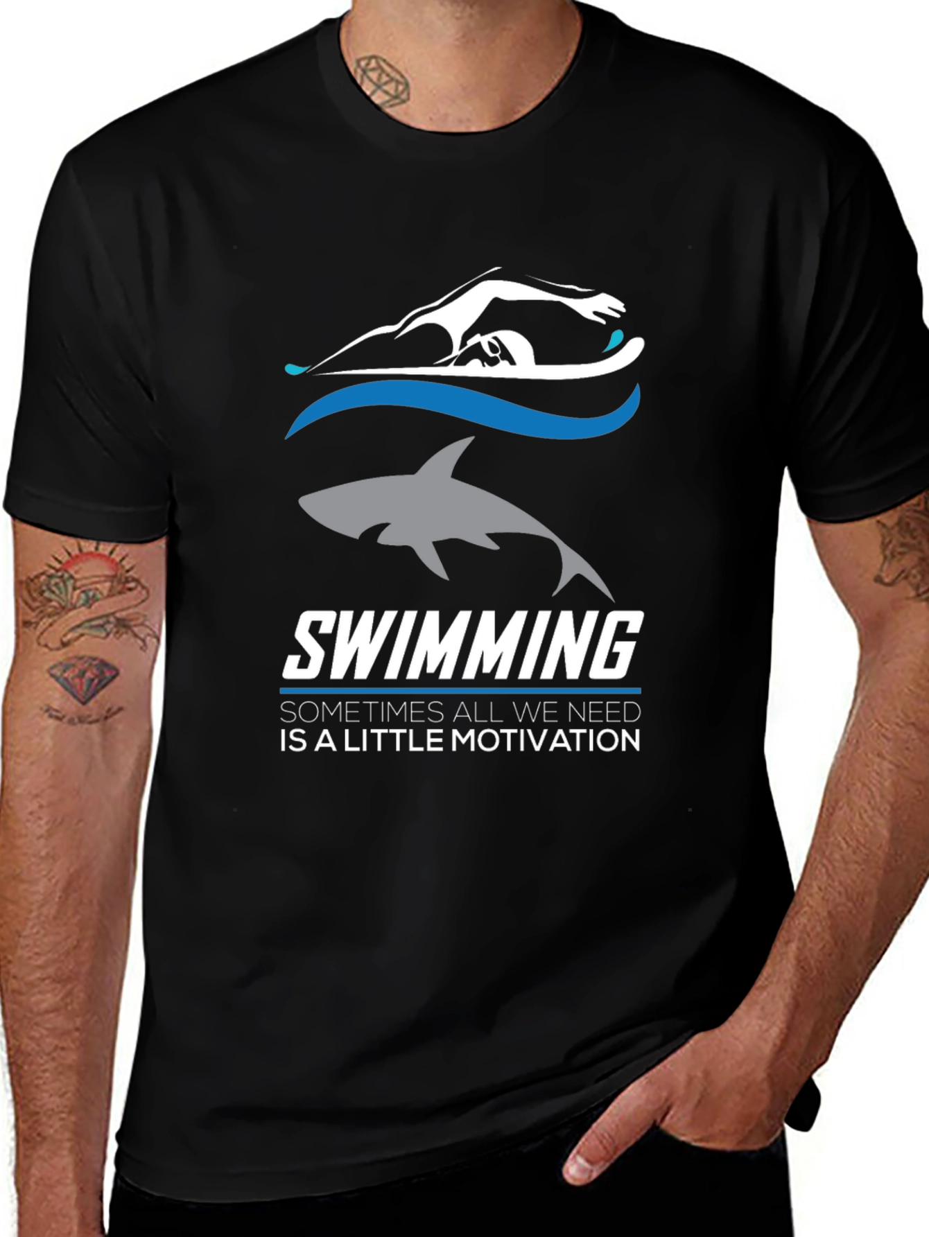 Swimming Motivation T-Shirt: Shark & Swimmer Design