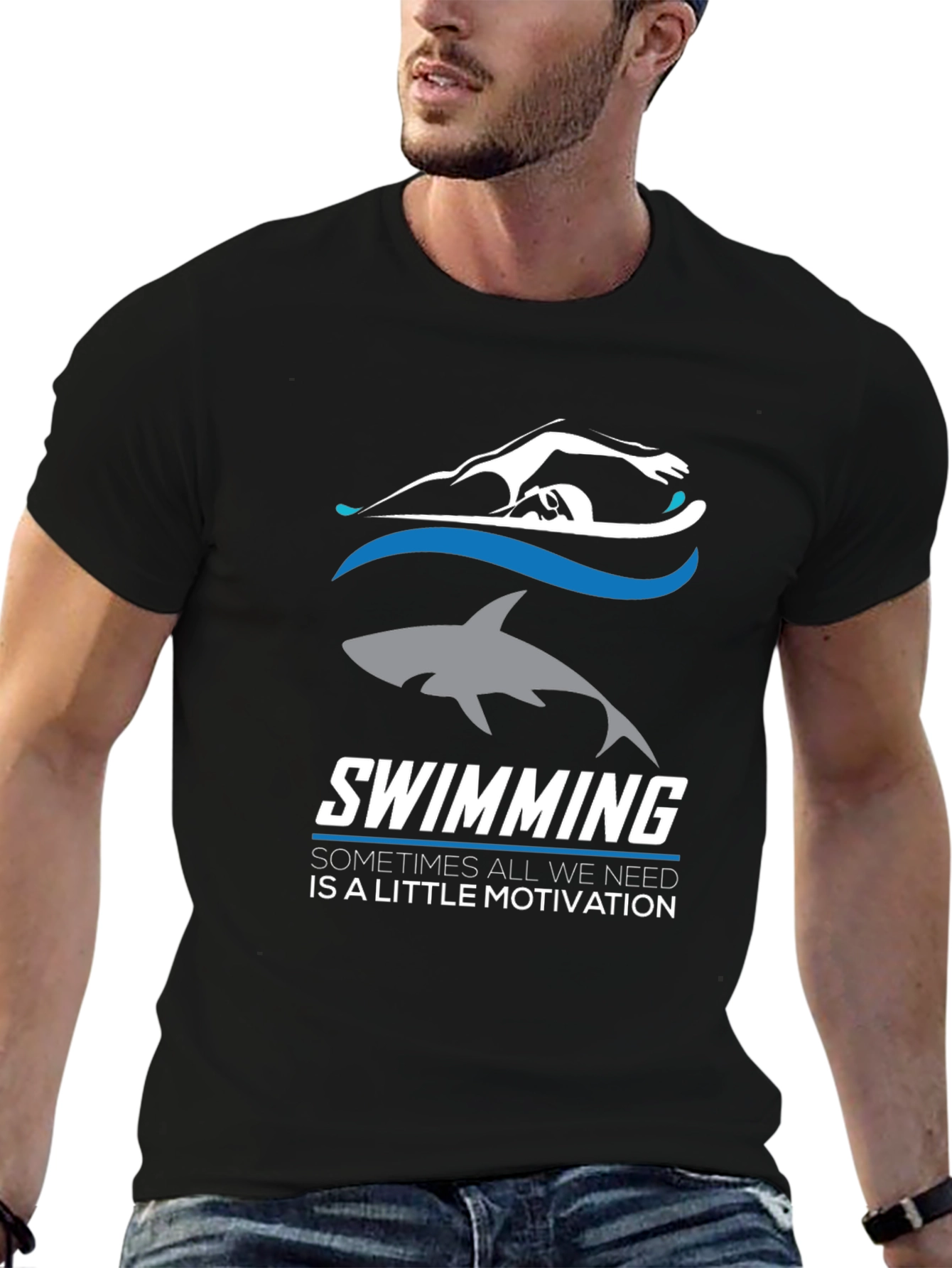 Swimming Motivation T-Shirt: Shark & Swimmer Design