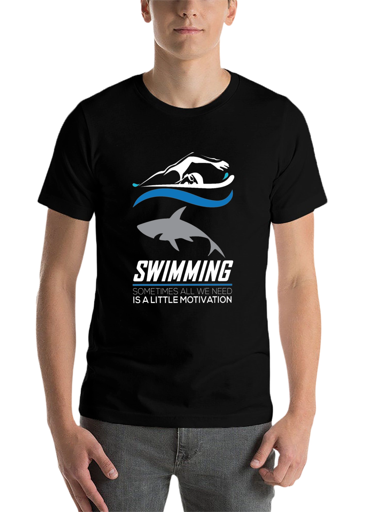 Swimming Motivation T-Shirt: Shark & Swimmer Design