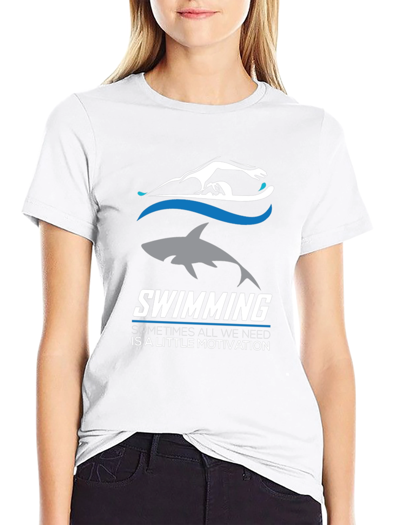 Swimming Motivation T-Shirt: Shark & Swimmer Design