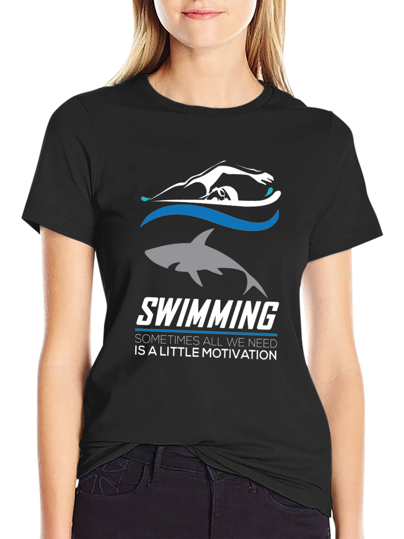 Swimming Motivation T-Shirt: Shark & Swimmer Design
