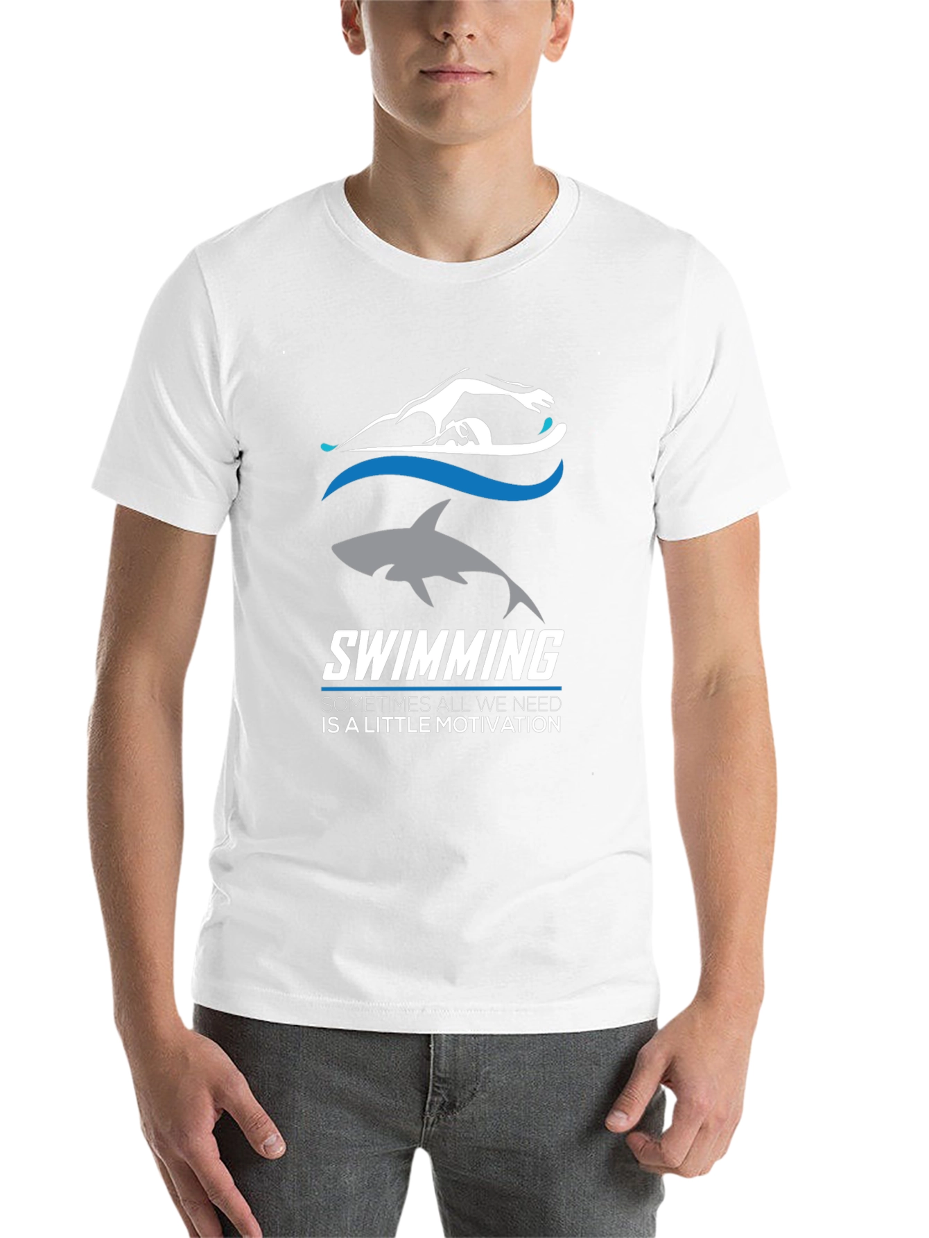 Swimming Motivation T-Shirt: Shark & Swimmer Design