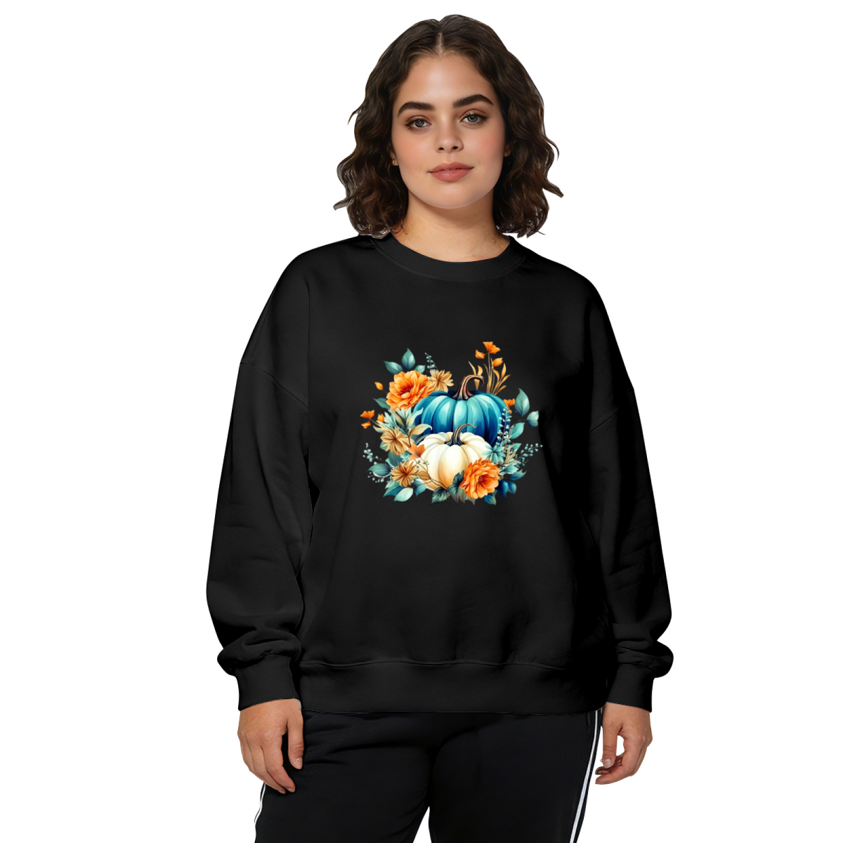 Boho Floral Blue & White Pumpkin Fall Crewneck Sweatshirt