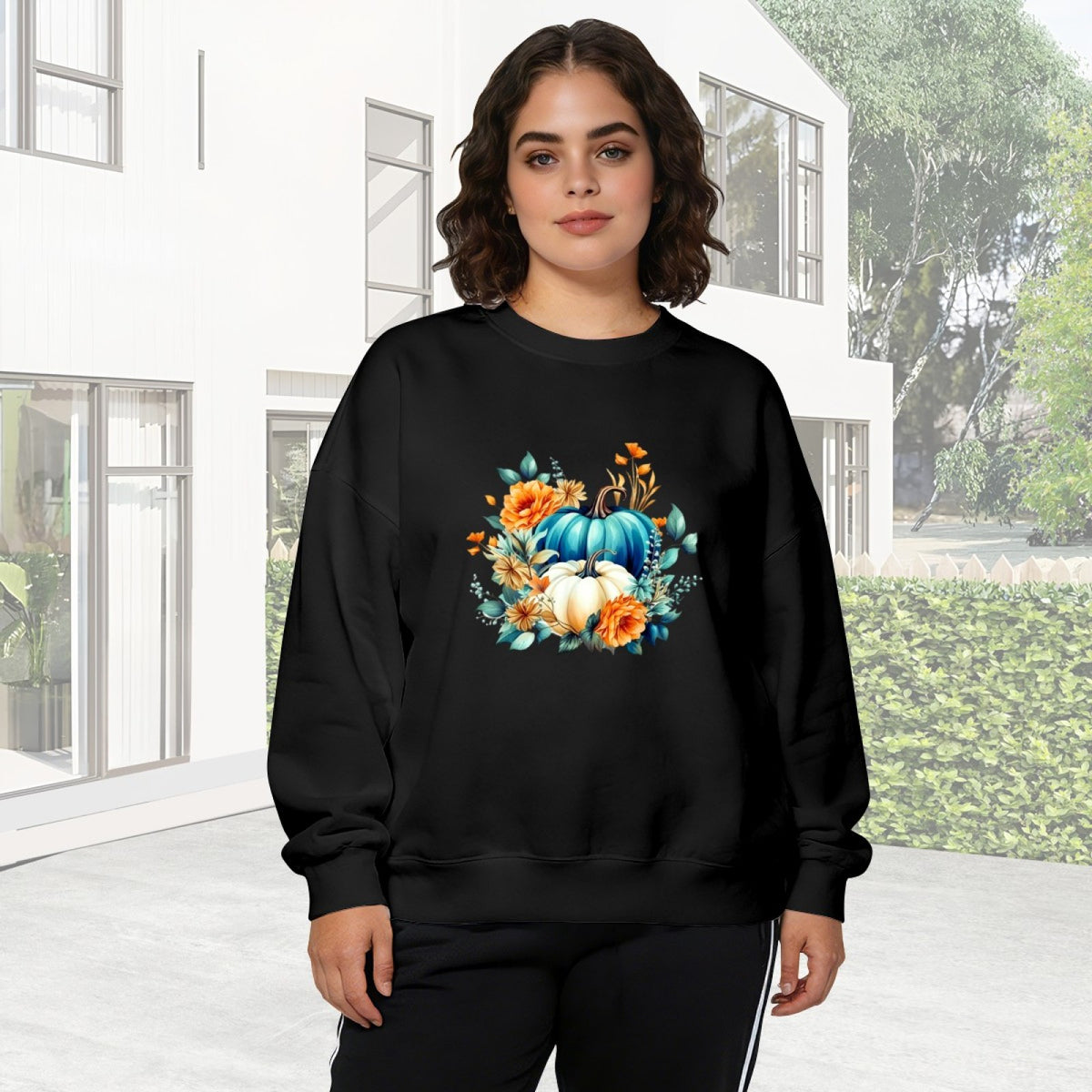 Boho Floral Blue & White Pumpkin Fall Crewneck Sweatshirt