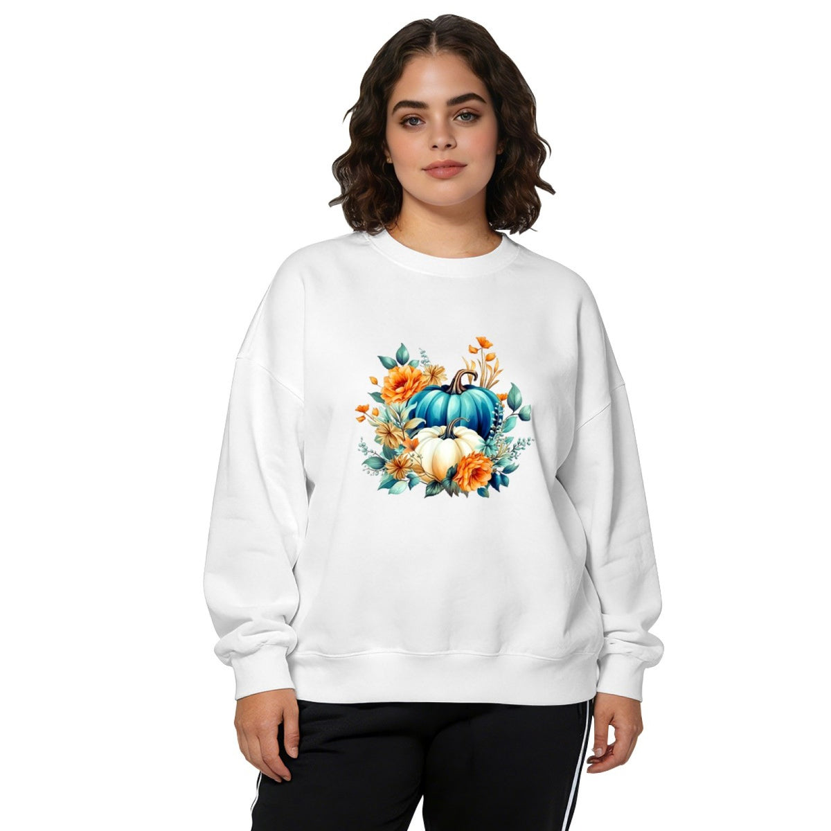 Boho Floral Blue & White Pumpkin Fall Crewneck Sweatshirt
