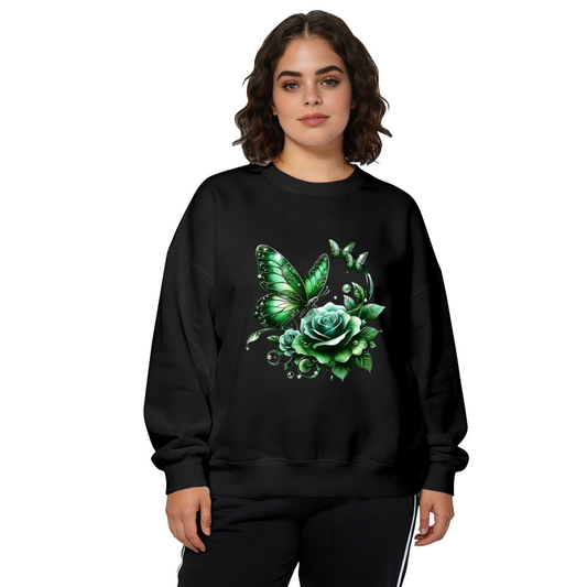 Glam Green Butterfly & Rose Crewneck Sweatshirt
