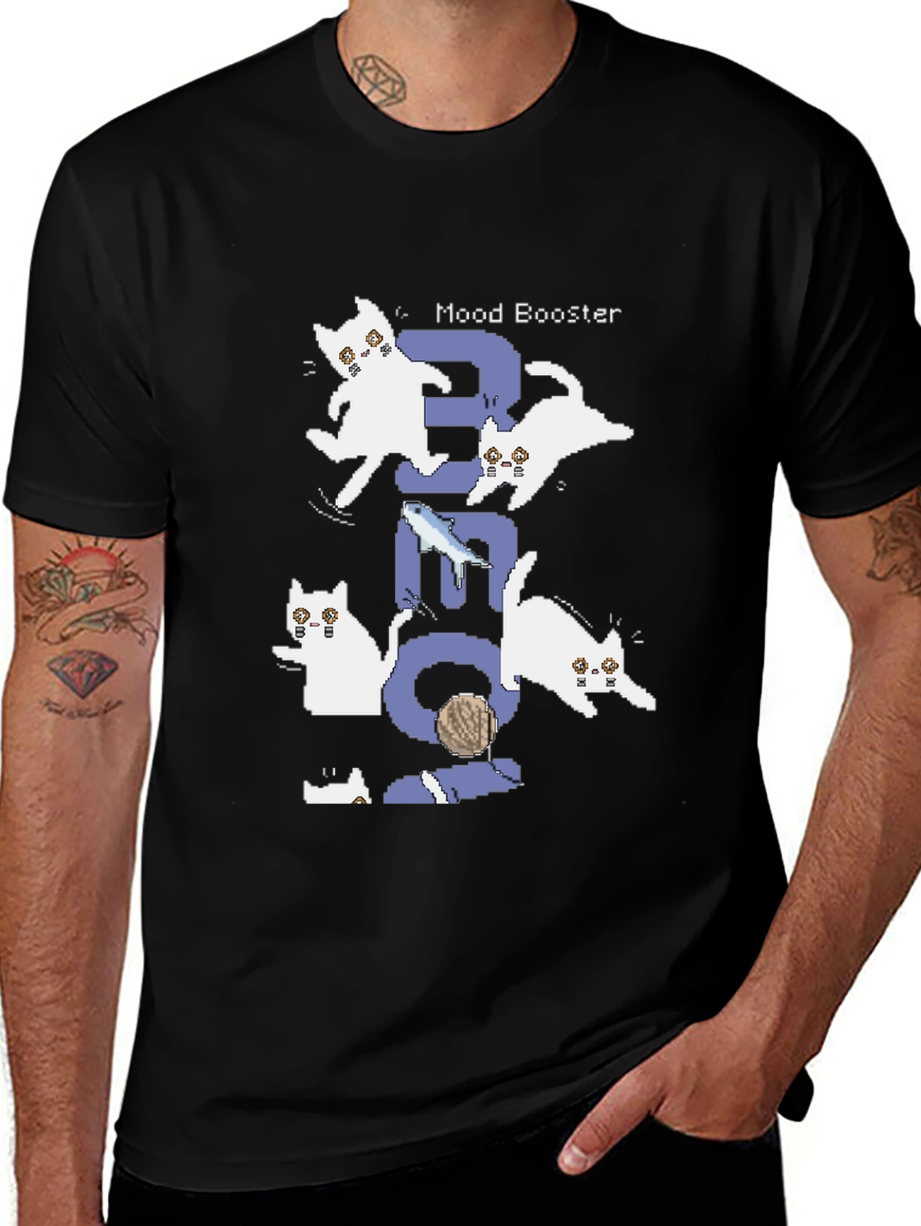 Pixel Cat Mood Booster Black T-Shirt