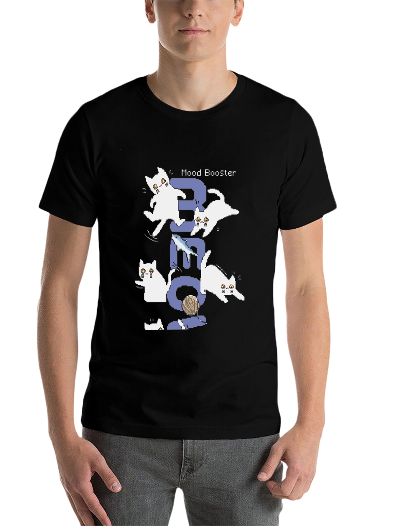 Pixel Cat Mood Booster Black T-Shirt