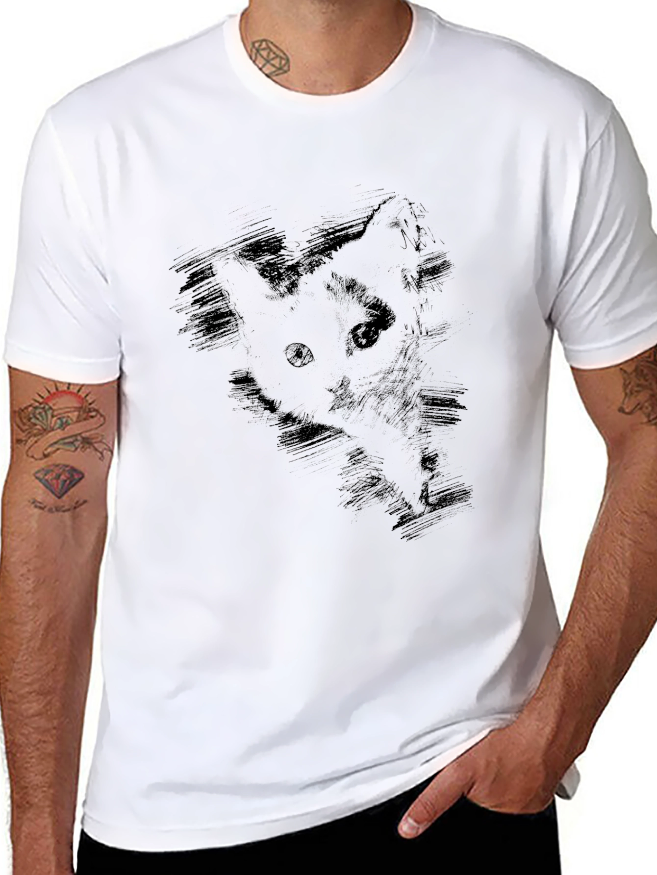 Mens Black Cat Sketch Graphic Tee