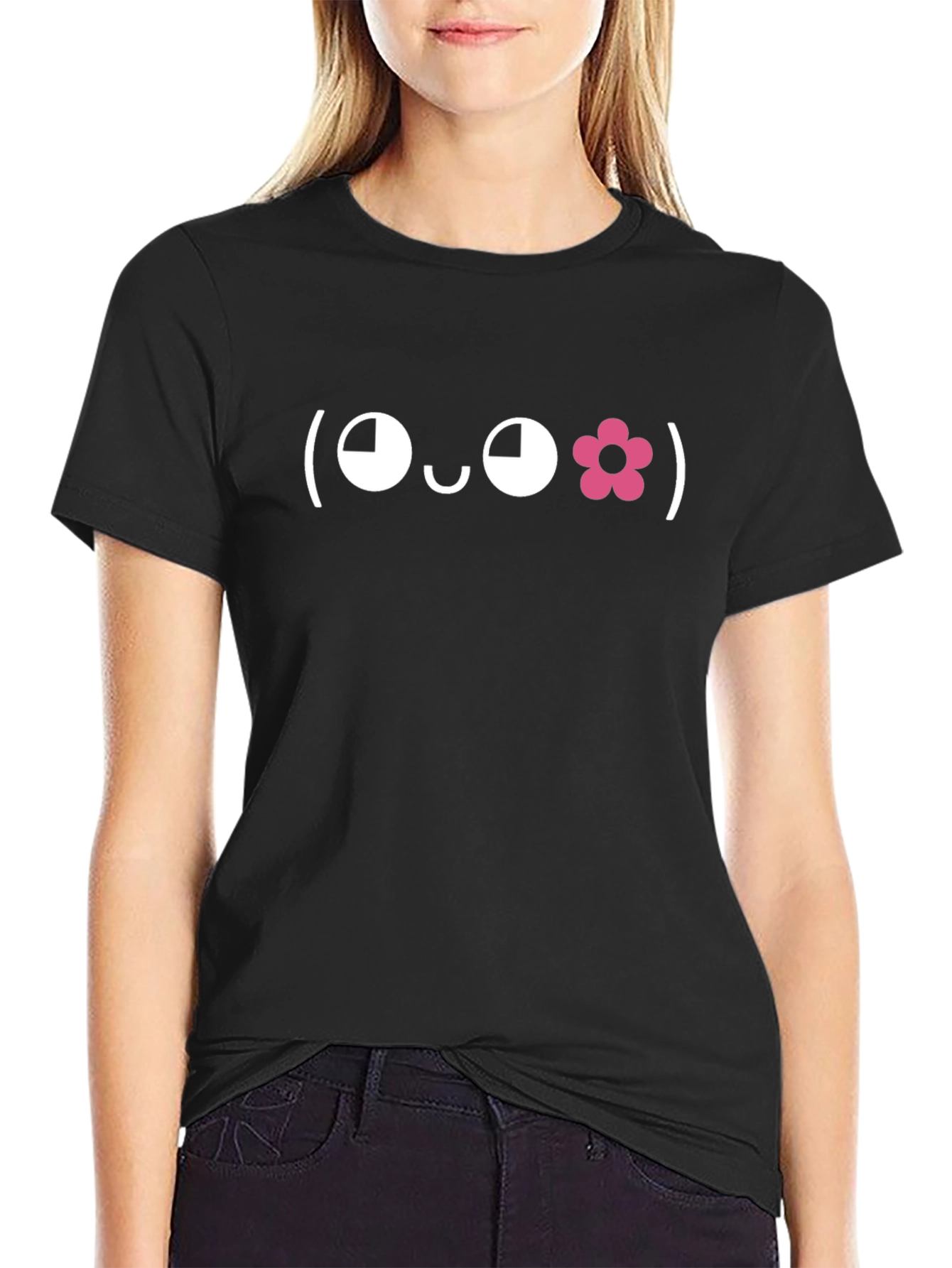 Cute Flower Face Emoji Black T-Shirt
