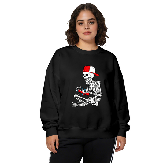 Gamer Skeleton With Red Cap Playing Game Controller Crewneck Sweatshirt