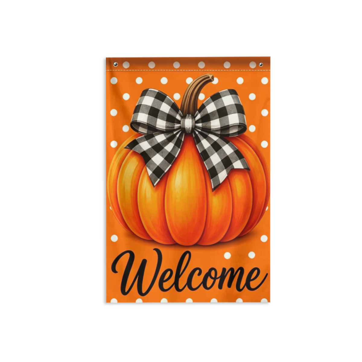 Orange Pumpkin Buffalo Plaid Bow Welcome Fall Vertical Flag 2x3FT Single Layer, Lightweight Breathable Fabric, Outdoor Fade Resistant Dye Print, White Polka Dot Autumn Harvest Banner for Farmhouse Yard