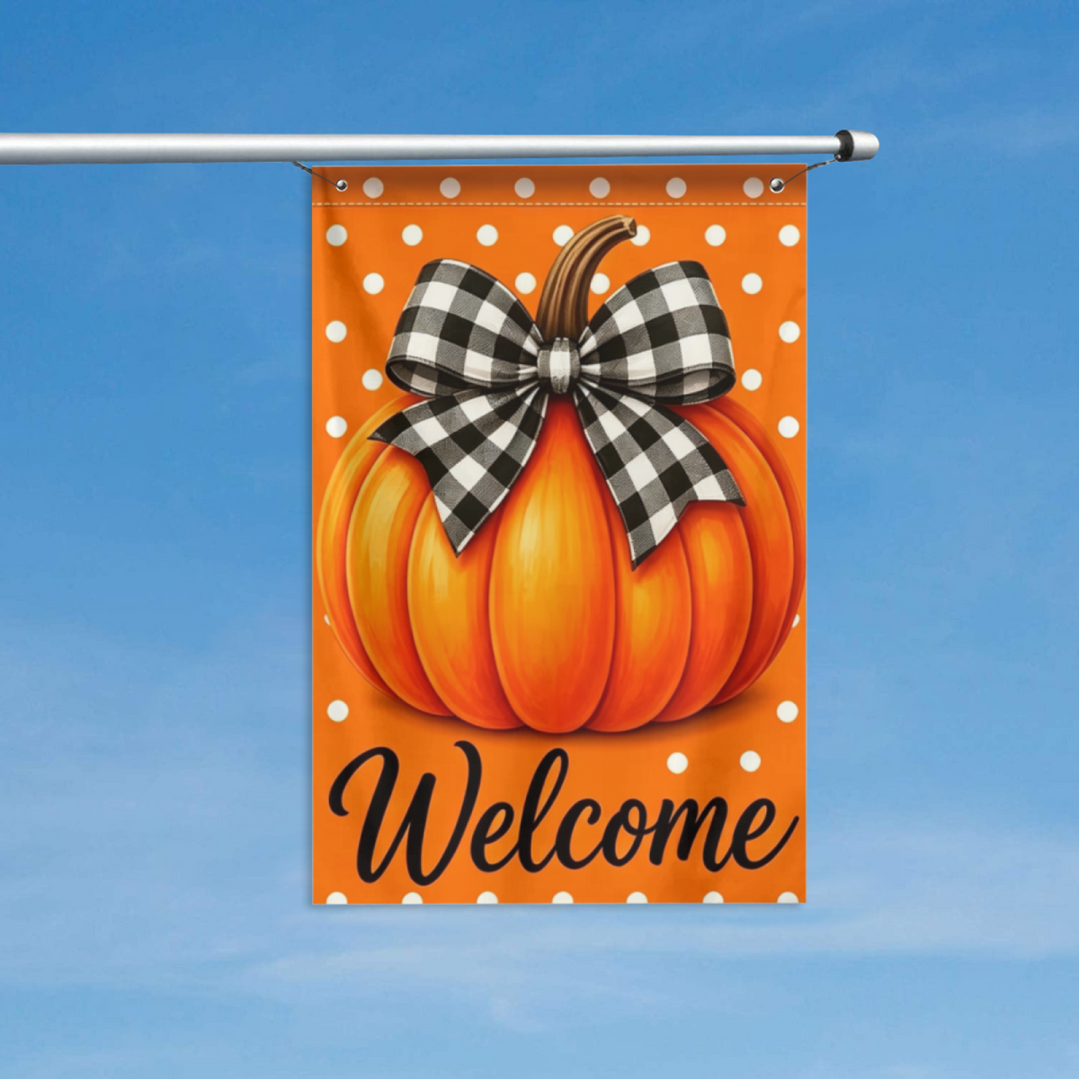 Orange Pumpkin Buffalo Plaid Bow Welcome Fall Vertical Flag 2x3FT Single Layer, Lightweight Breathable Fabric, Outdoor Fade Resistant Dye Print, White Polka Dot Autumn Harvest Banner for Farmhouse Yard