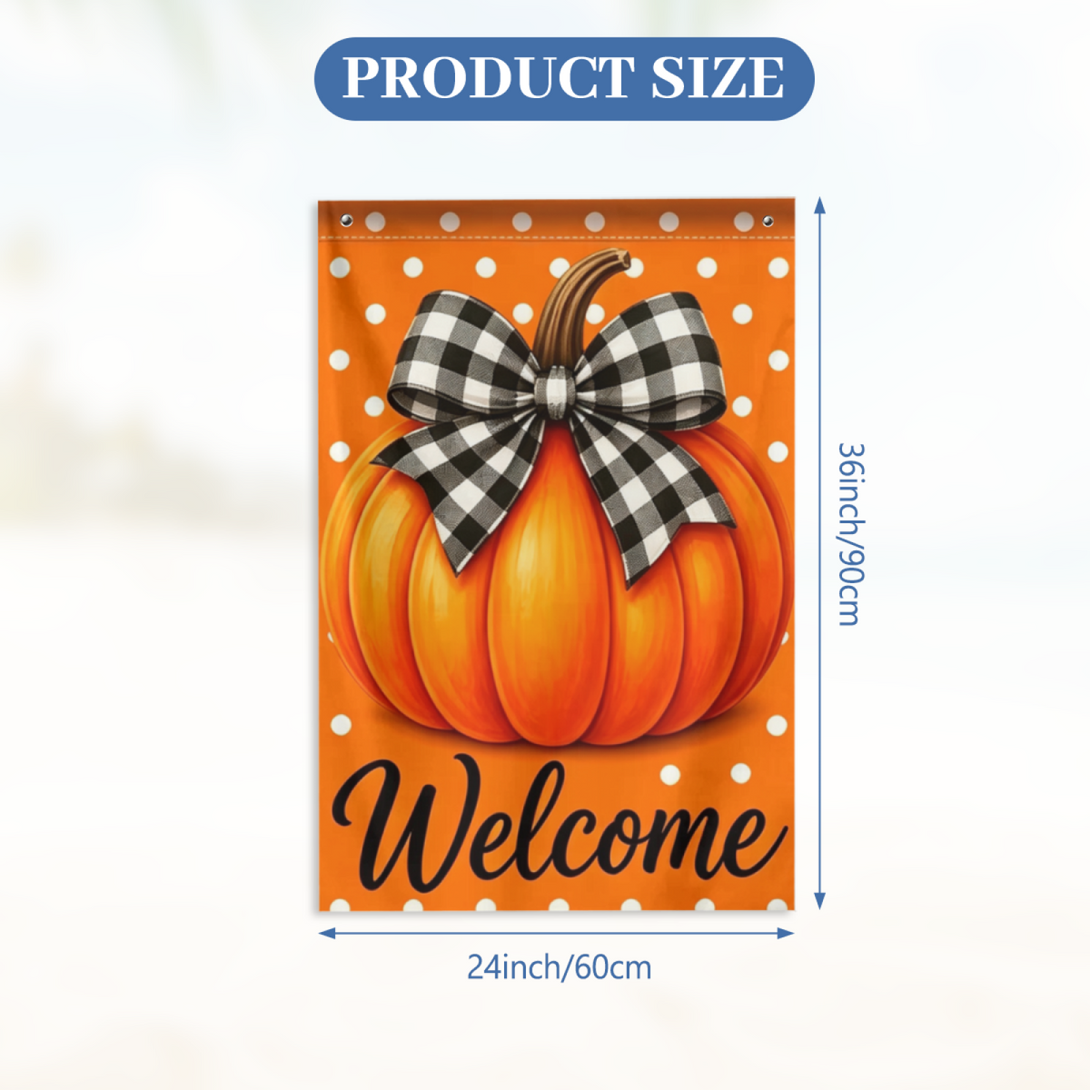 Orange Pumpkin Buffalo Plaid Bow Welcome Fall Vertical Flag 2x3FT Single Layer, Lightweight Breathable Fabric, Outdoor Fade Resistant Dye Print, White Polka Dot Autumn Harvest Banner for Farmhouse Yard