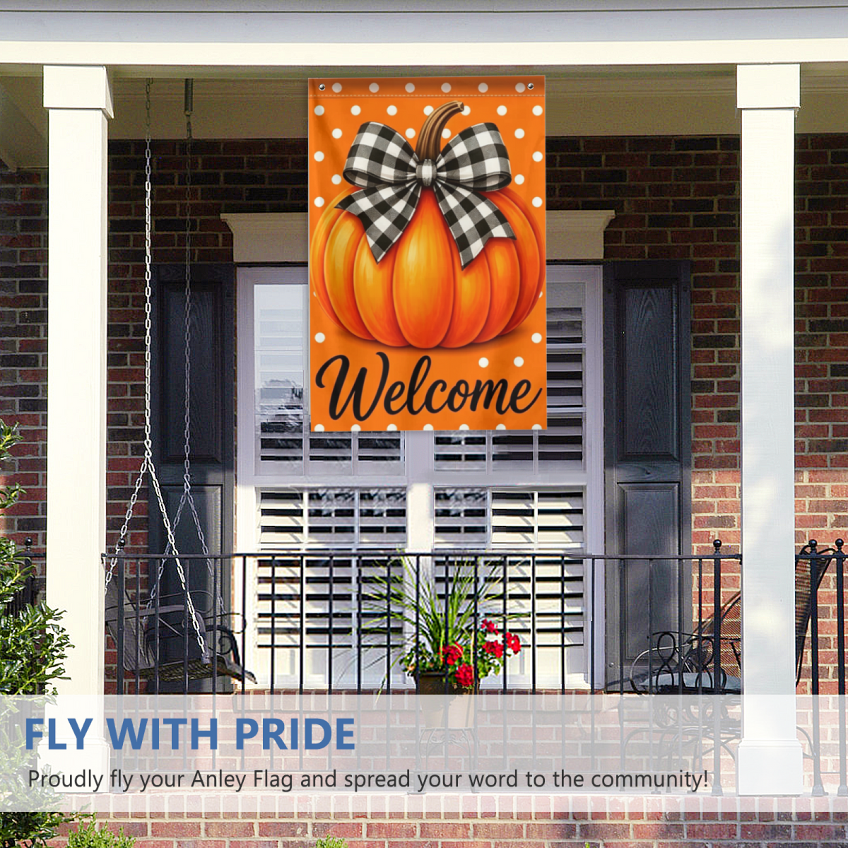 Orange Pumpkin Buffalo Plaid Bow Welcome Fall Vertical Flag 2x3FT Single Layer, Lightweight Breathable Fabric, Outdoor Fade Resistant Dye Print, White Polka Dot Autumn Harvest Banner for Farmhouse Yard