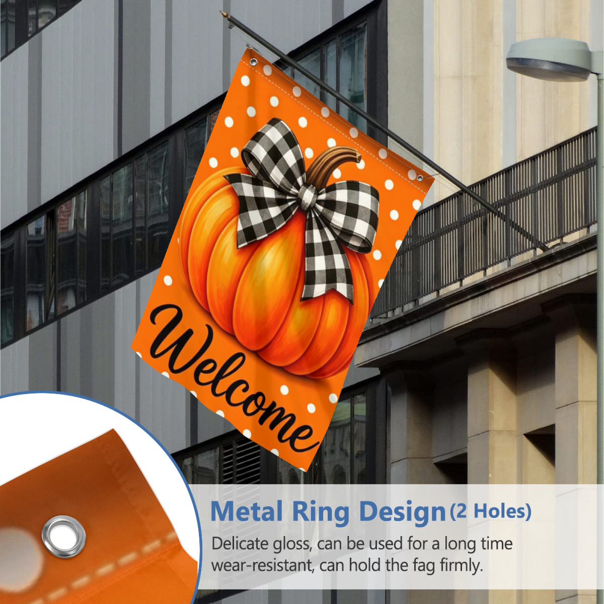 Orange Pumpkin Buffalo Plaid Bow Welcome Fall Vertical Flag 2x3FT Single Layer, Lightweight Breathable Fabric, Outdoor Fade Resistant Dye Print, White Polka Dot Autumn Harvest Banner for Farmhouse Yard
