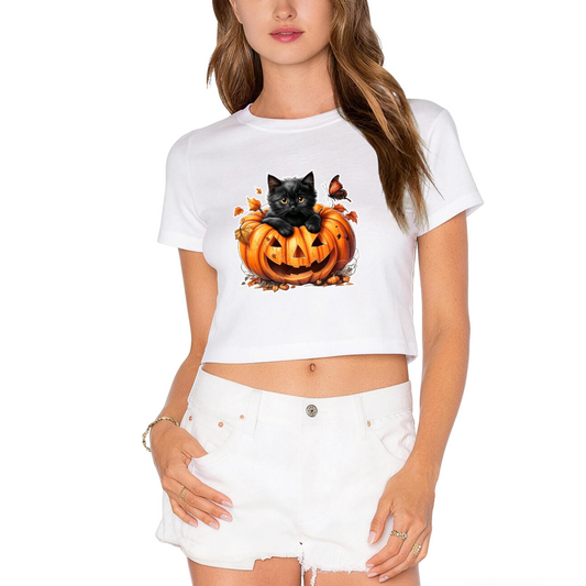 Pumpkin Black Cat Butterfly Halloween Crop Top