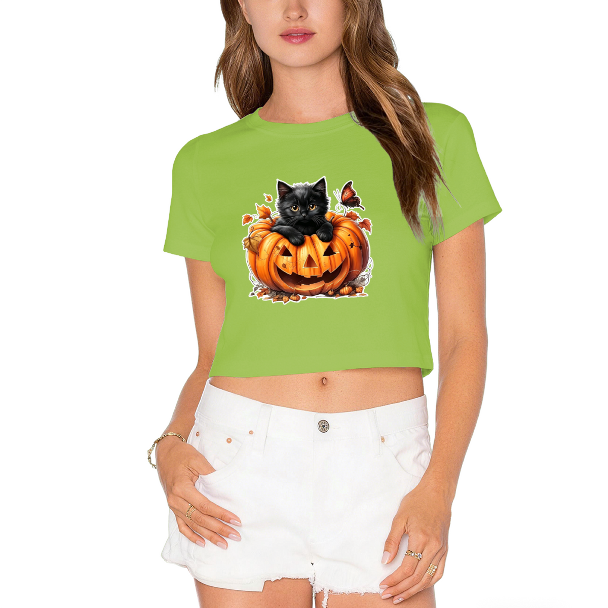 Pumpkin Black Cat Butterfly Halloween Crop Top