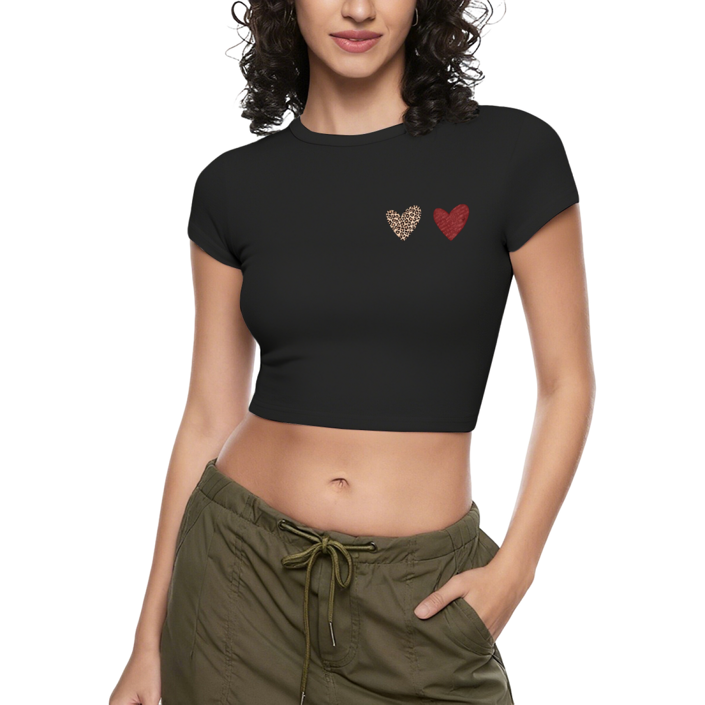 Mini Leopard & Red Heart Minimal Black Crop Top