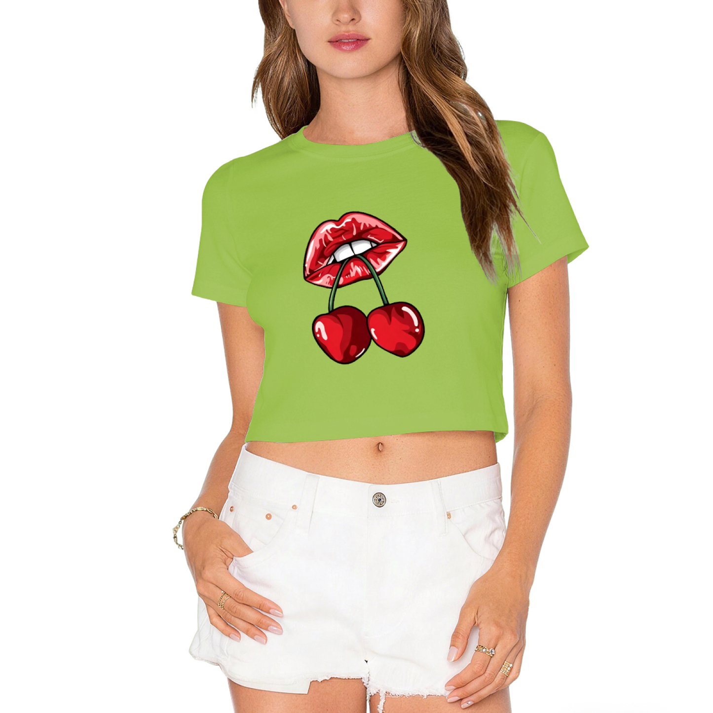 Juicy Cherry Red Lips Edgy Gothic Black Crop Top
