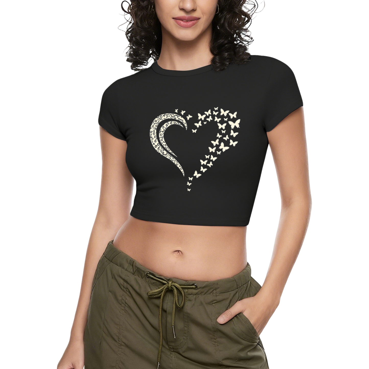 Red Leopard Butterfly Heart Graphic Slim Fit Crop Tee