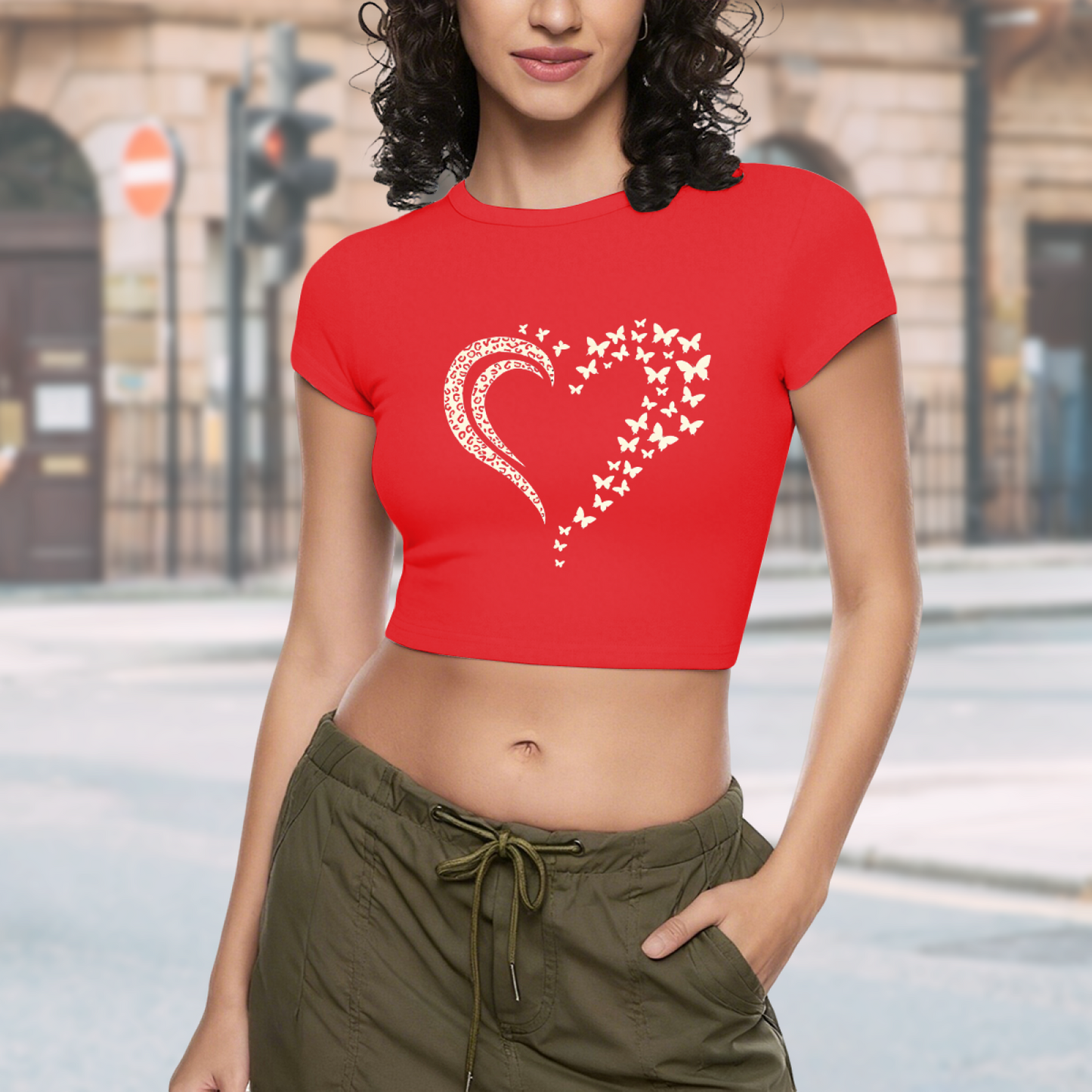 Red Leopard Butterfly Heart Graphic Slim Fit Crop Tee