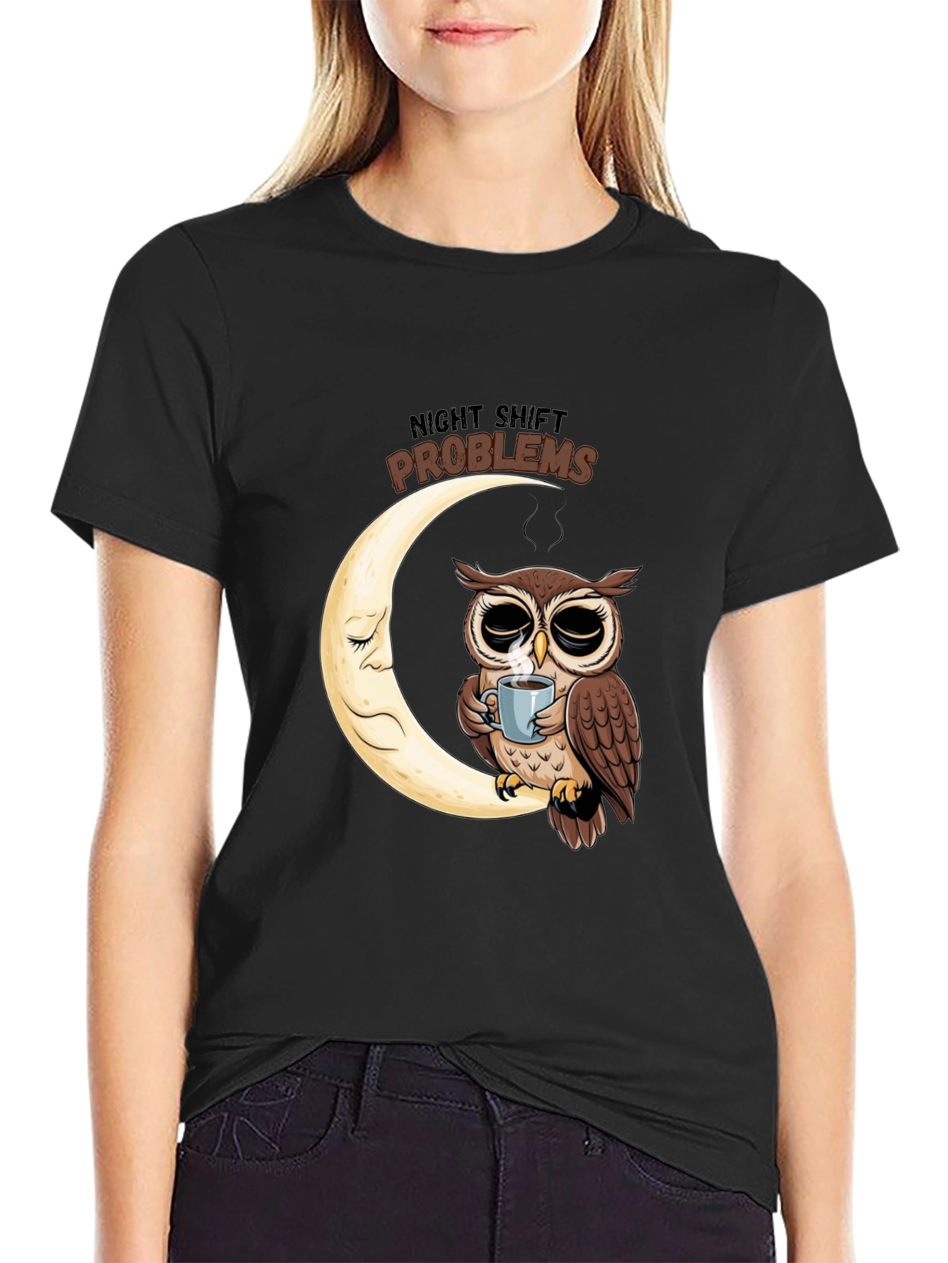 Night Shift Owl T-Shirt - Coffee Moon Design