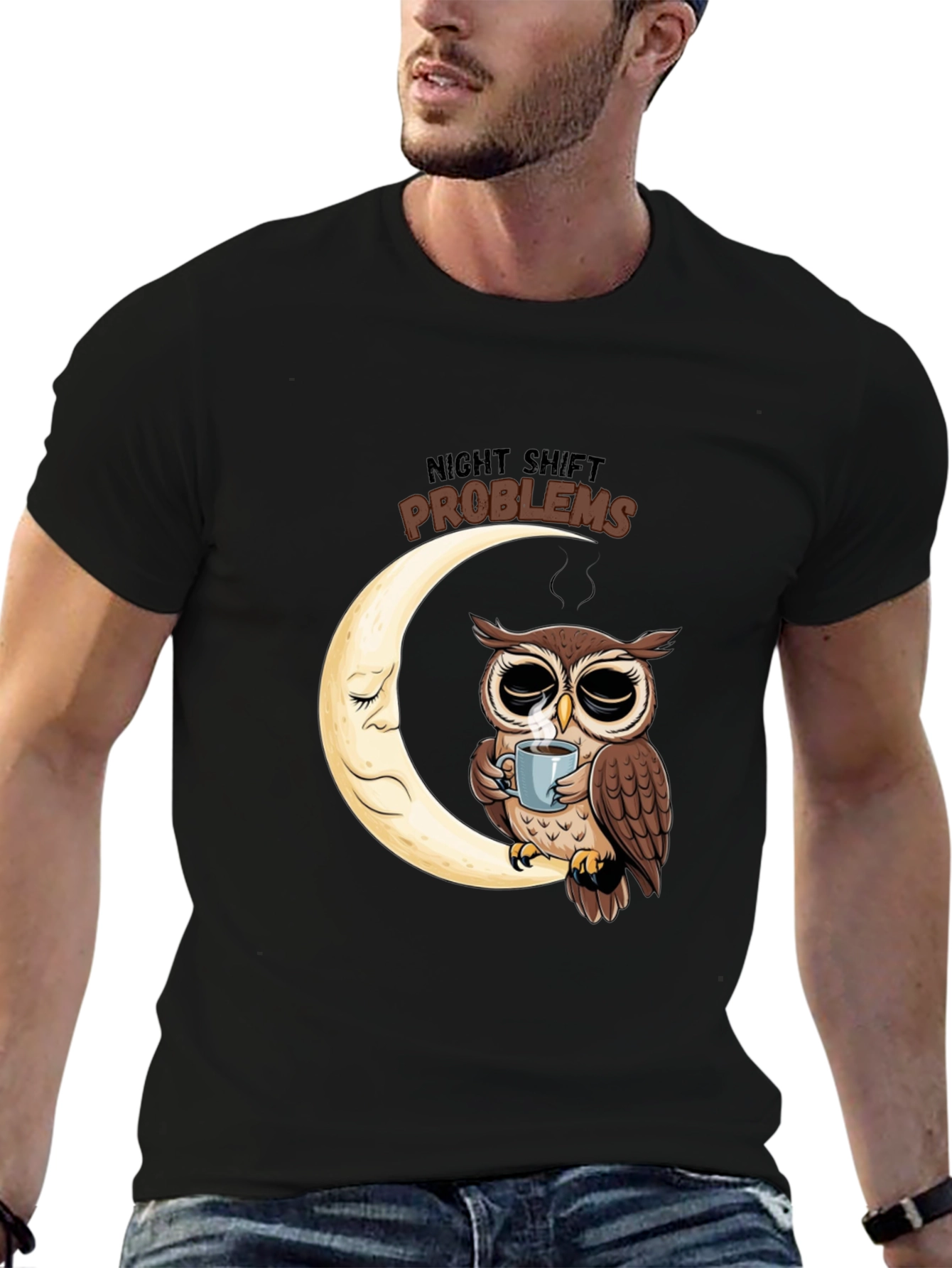 Night Shift Owl T-Shirt - Coffee Moon Design