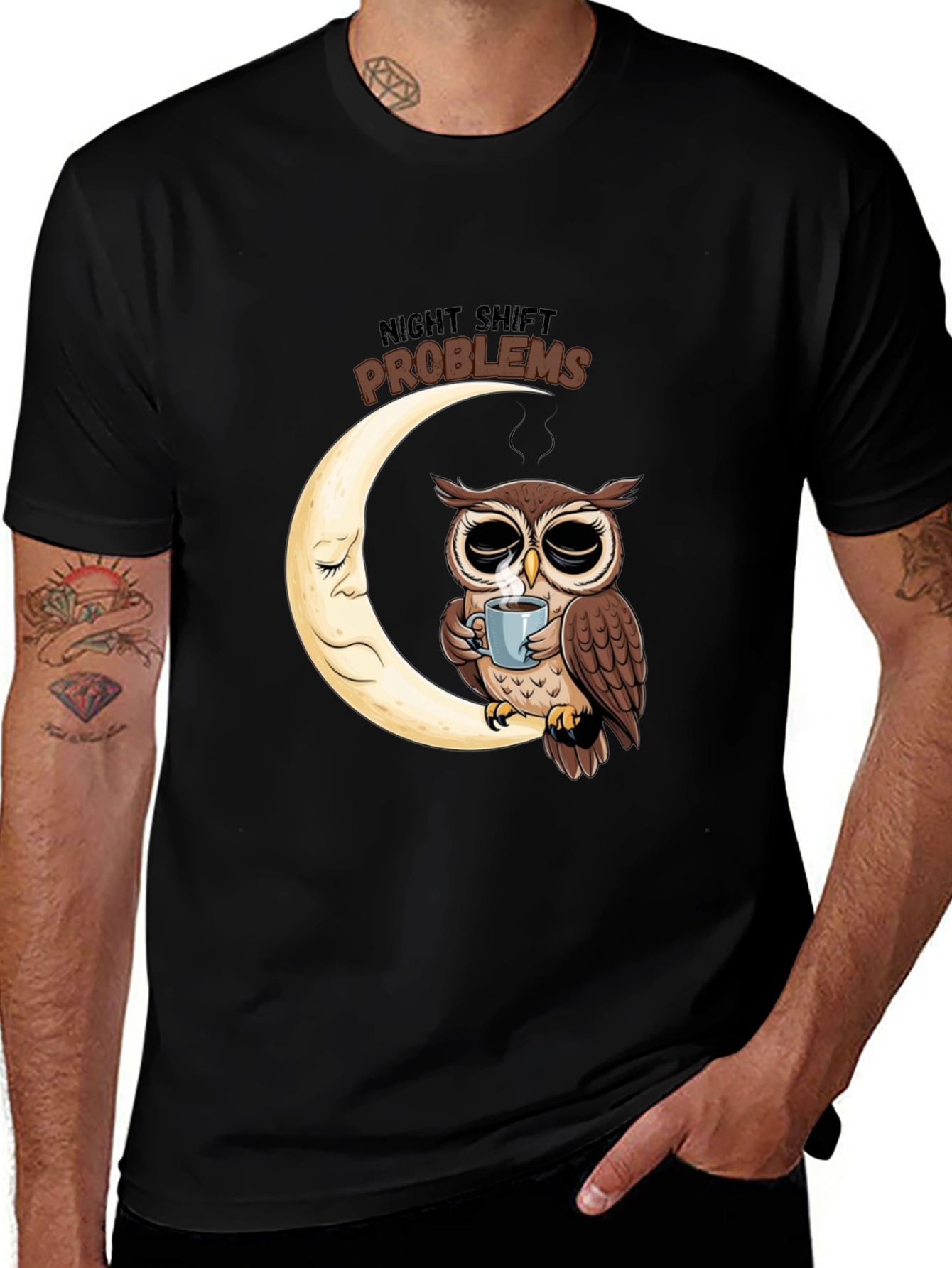 Night Shift Owl T-Shirt - Coffee Moon Design
